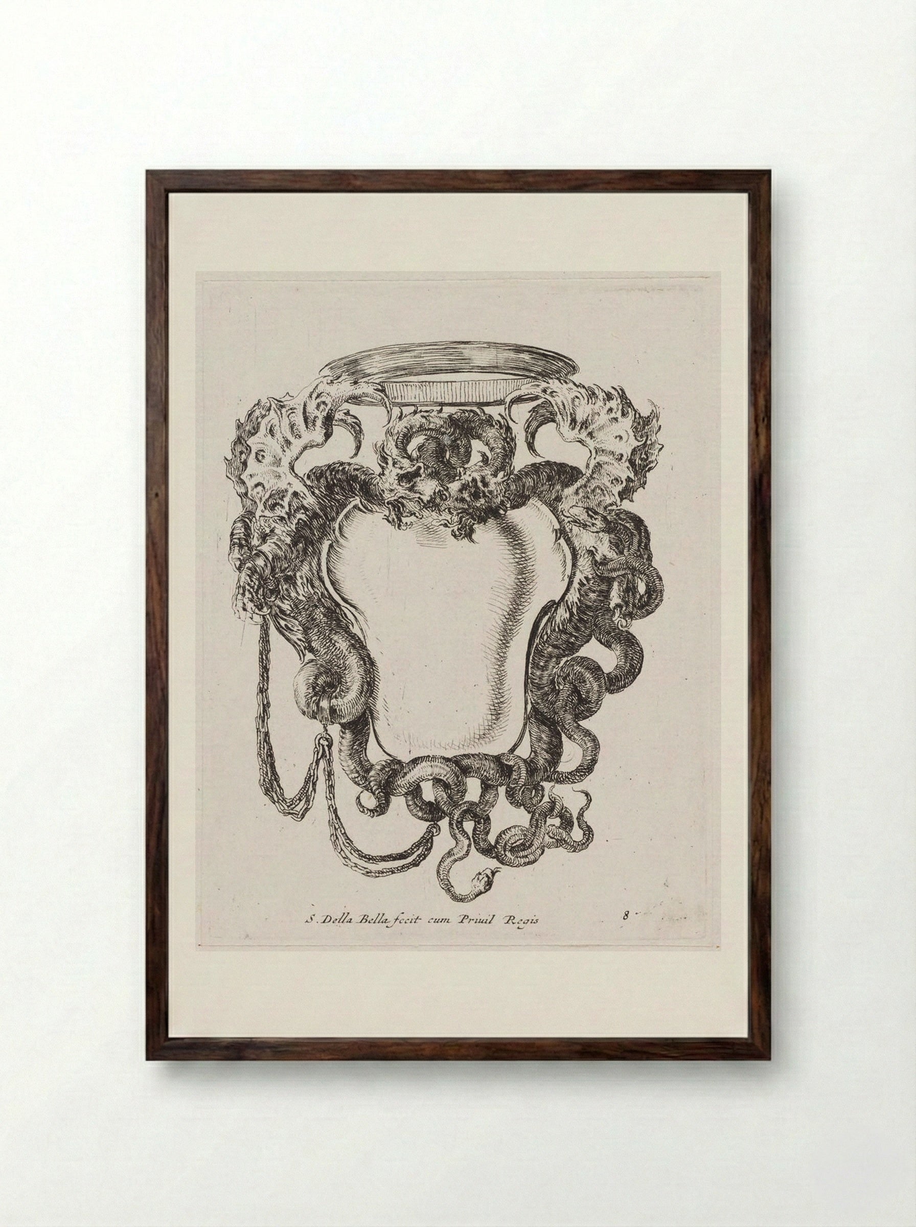Two Winged Dragons Supporting a Simple Crown - Stefano Della Bella - Framed Print Dark Wood