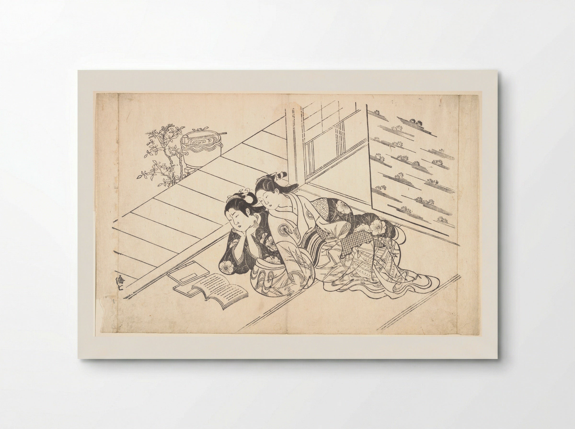 Two Women Reclining on the Floor of a Room and Reading a Book - Nishikawa Sukenobu - Poster