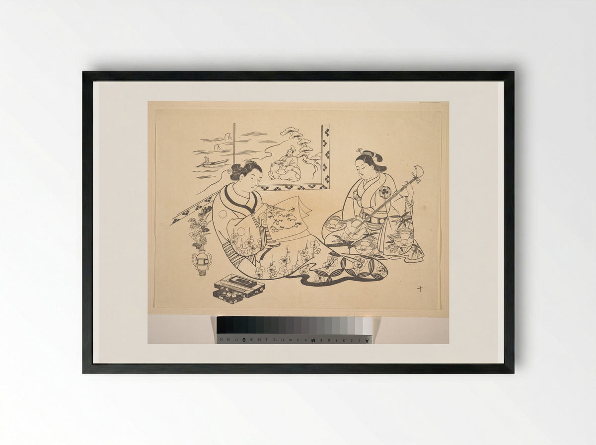 Two Women Seated in a Parlor - Okumura Masanobu - Framed Print Black