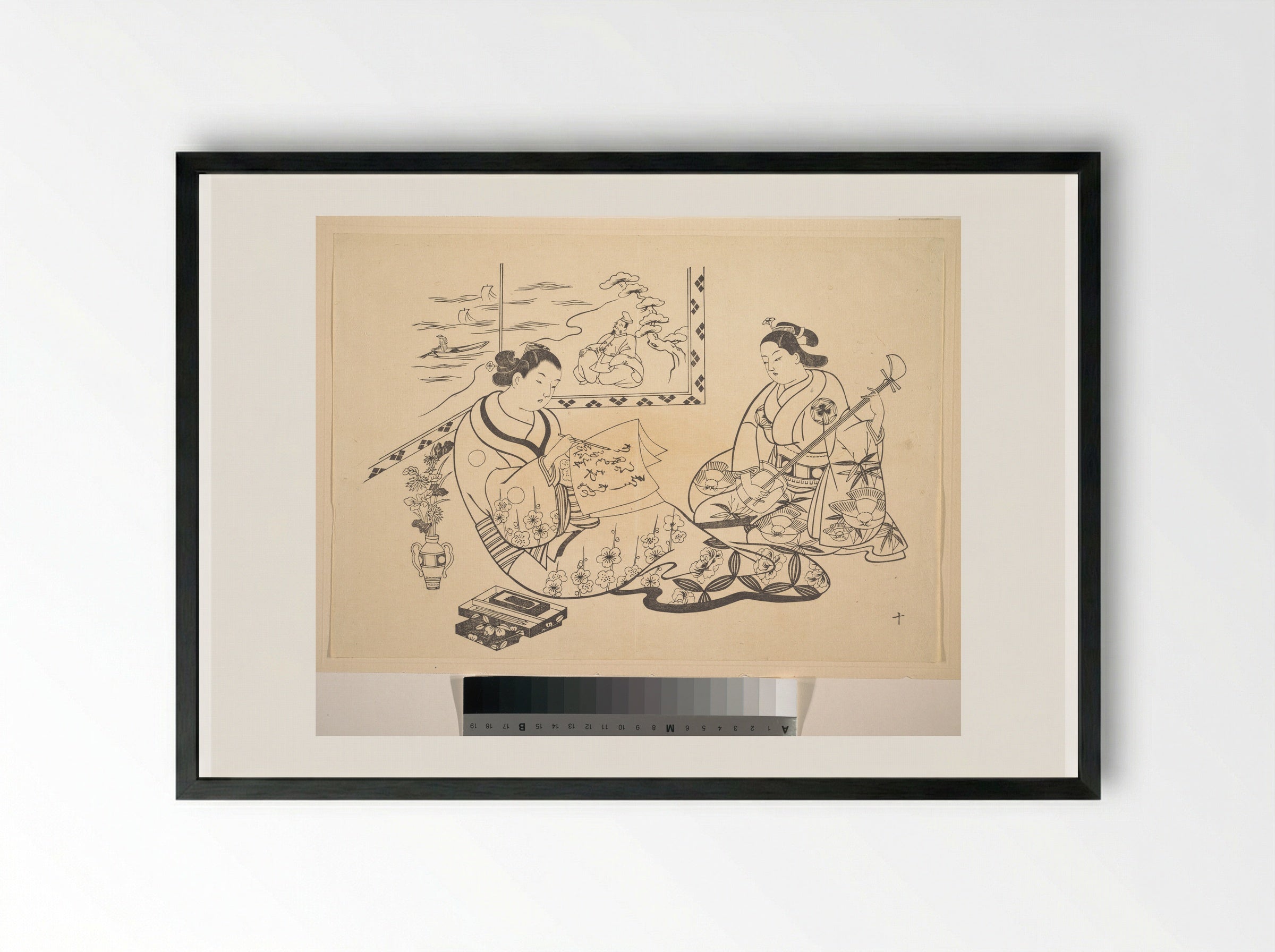 Two Women Seated in a Parlor - Okumura Masanobu - Framed Print Black