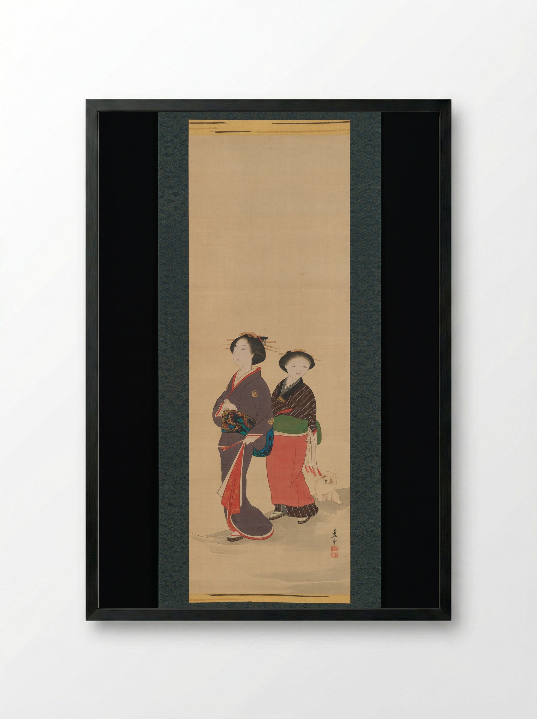 Two Women and a Puppy - Nagasawa Rosetsu - Framed Print Black