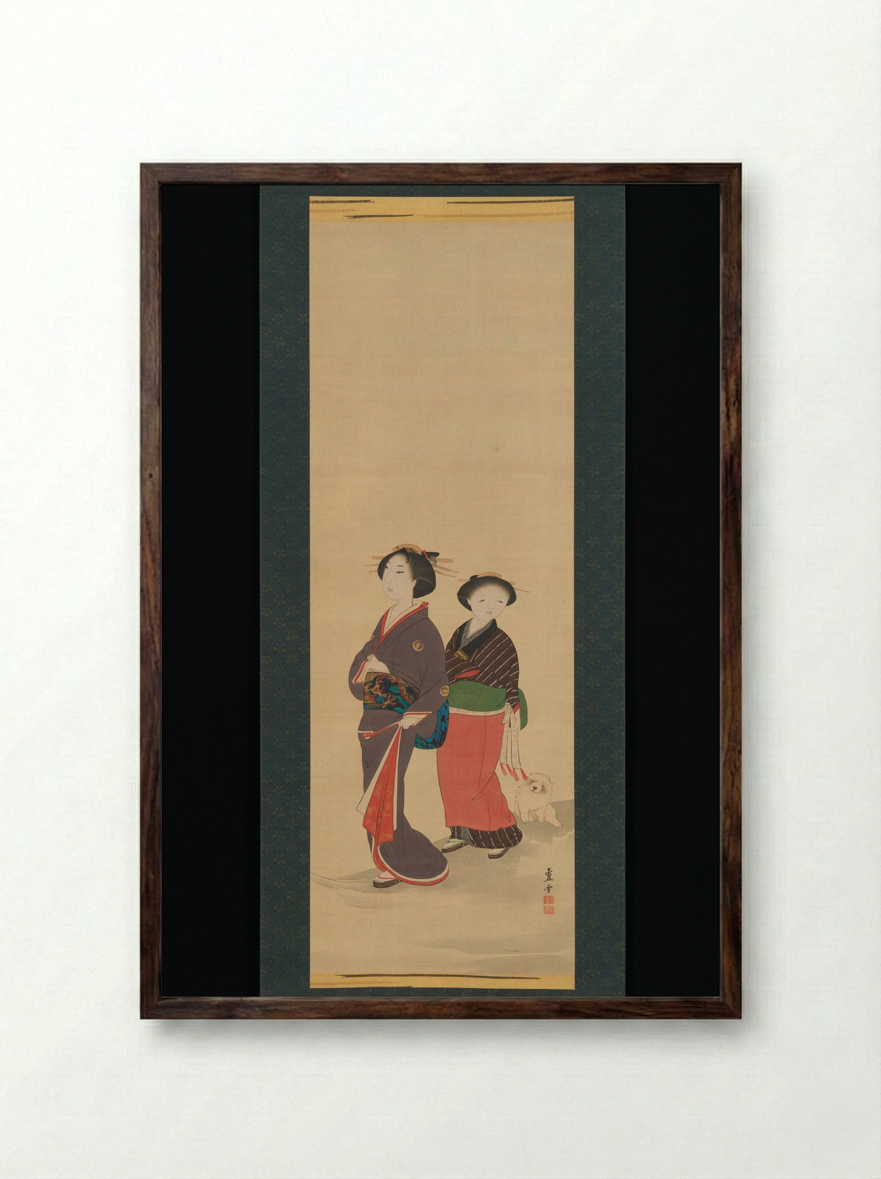 Two Women and a Puppy - Nagasawa Rosetsu - Framed Print Dark Wood