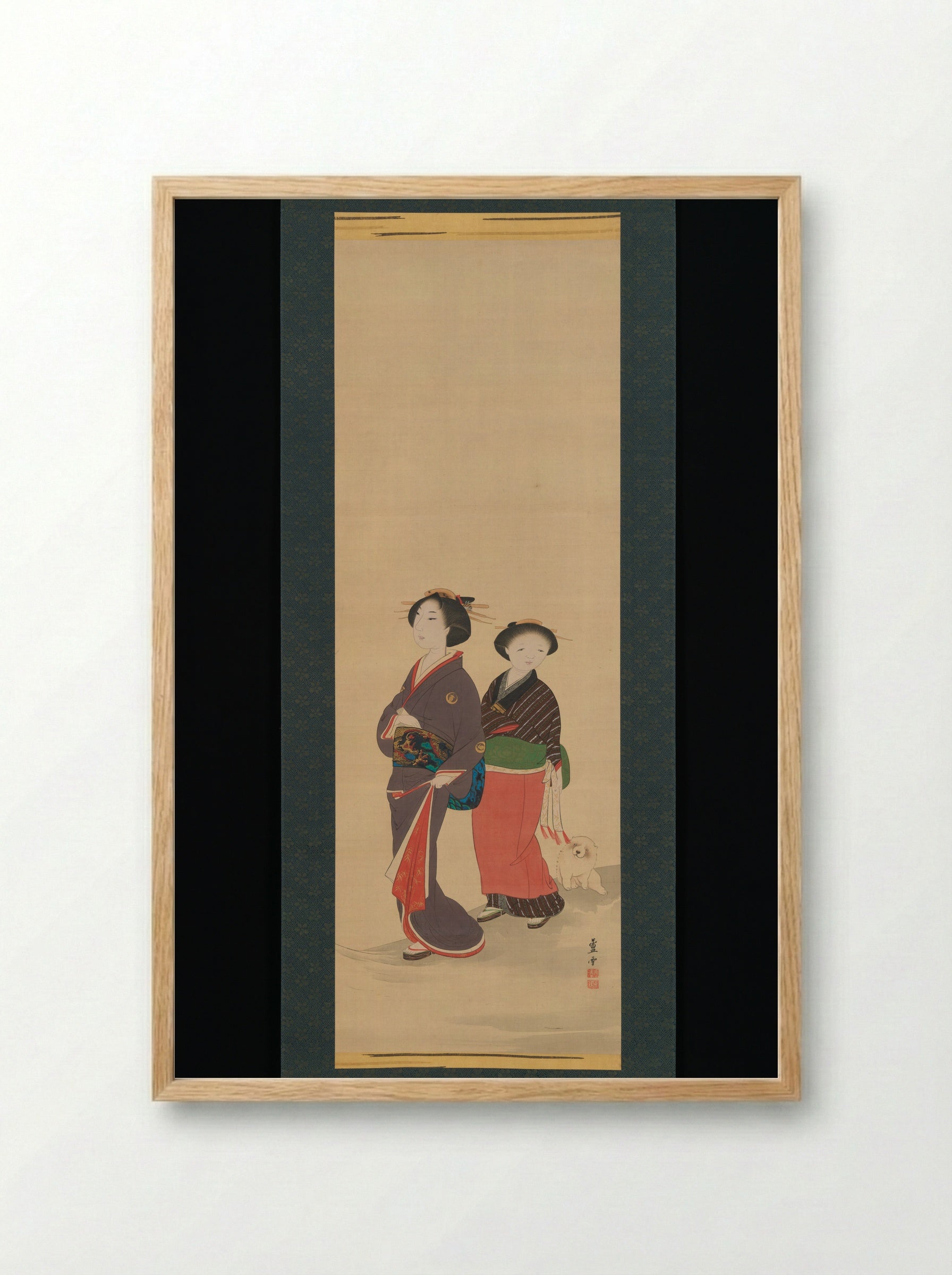 Two Women and a Puppy - Nagasawa Rosetsu - Framed Print Wood