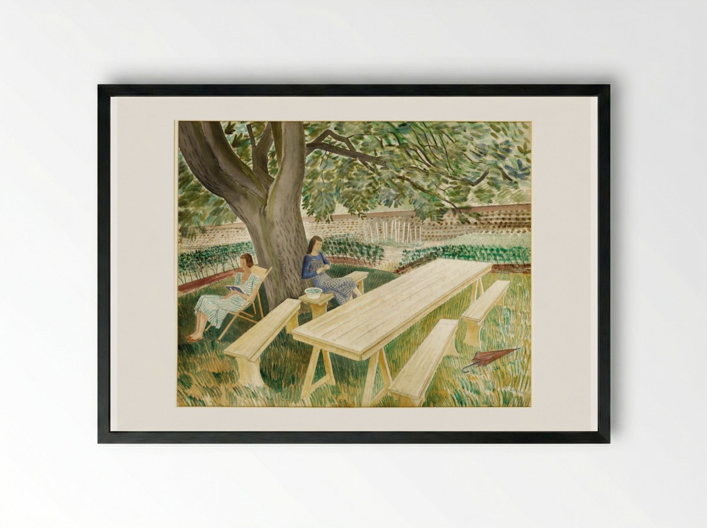 Two Women in a Garden - Eric Ravilious - Framed Print Black