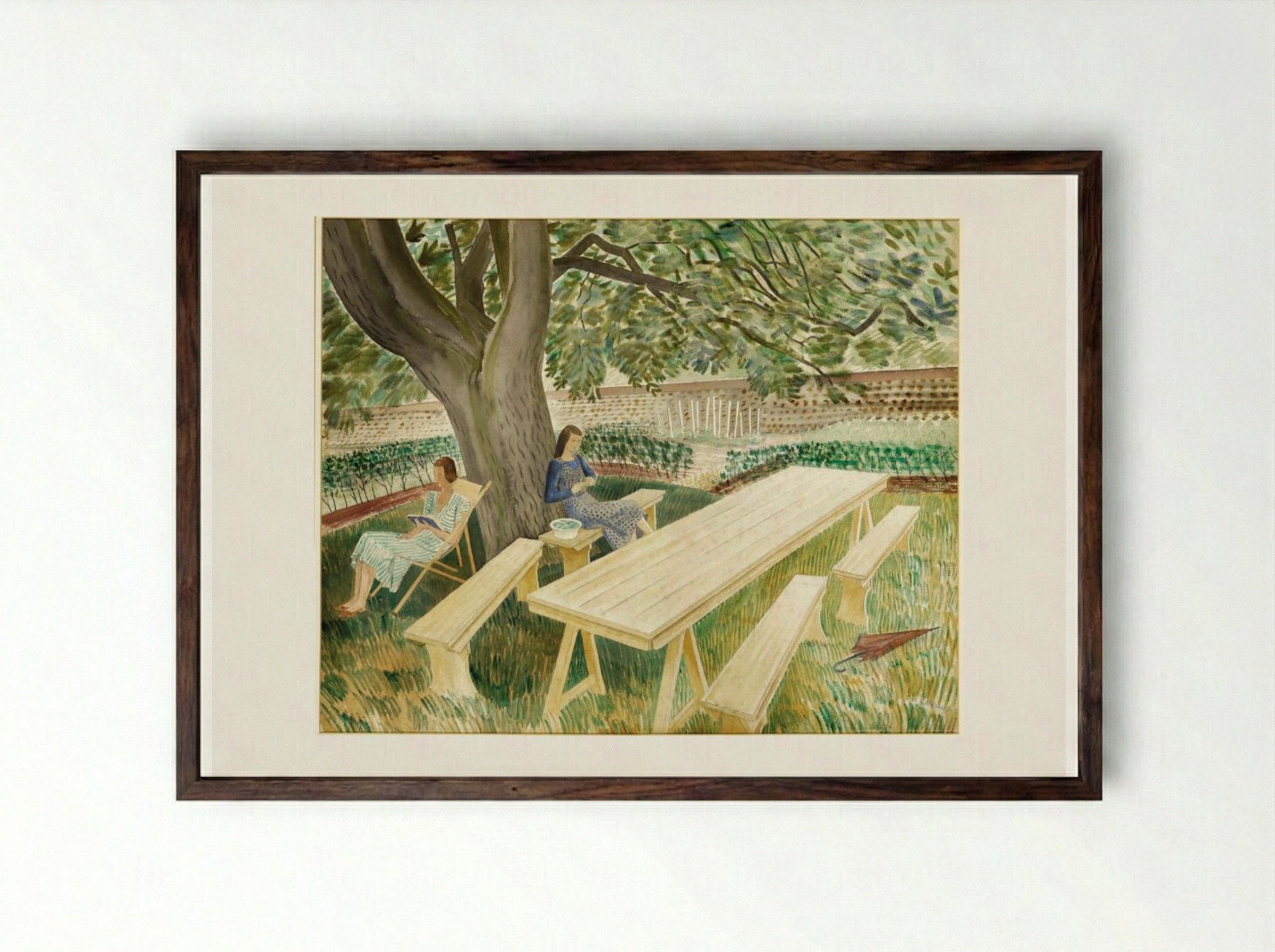 Two Women in a Garden - Eric Ravilious - Framed Print Dark Wood