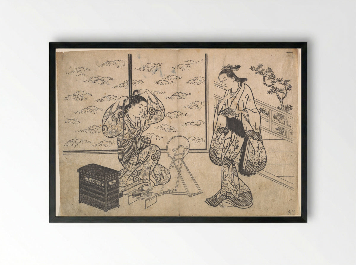Two Women in a Room Opening on a Verandah - Hasegawa Mitsunobu - Framed Print Black