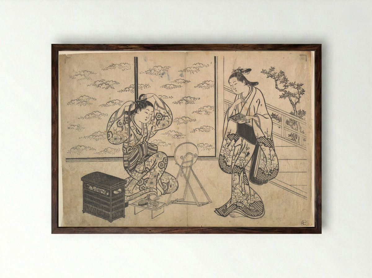 Two Women in a Room Opening on a Verandah - Hasegawa Mitsunobu - Framed Print Dark Wood