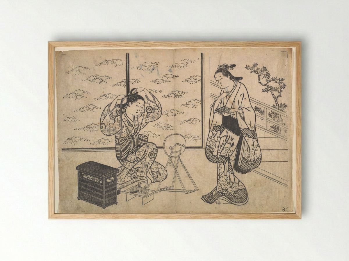 Two Women in a Room Opening on a Verandah - Hasegawa Mitsunobu - Framed Print Wood