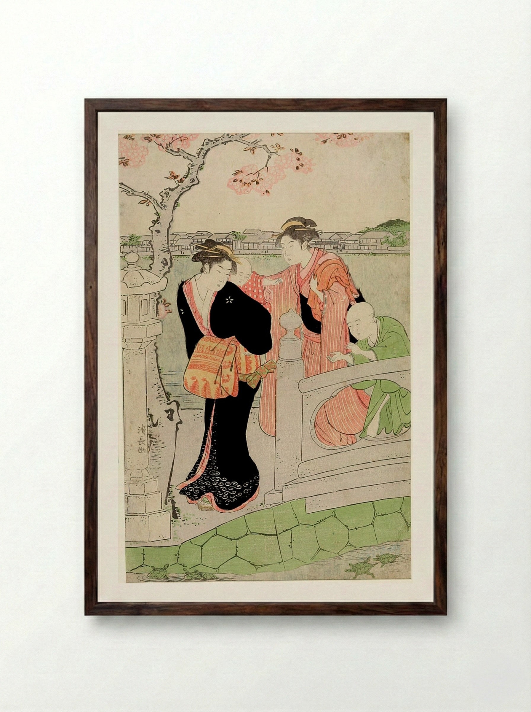 Two Women with Children on a Bridge - Torii Kiyonaga - Framed Print Dark Wood