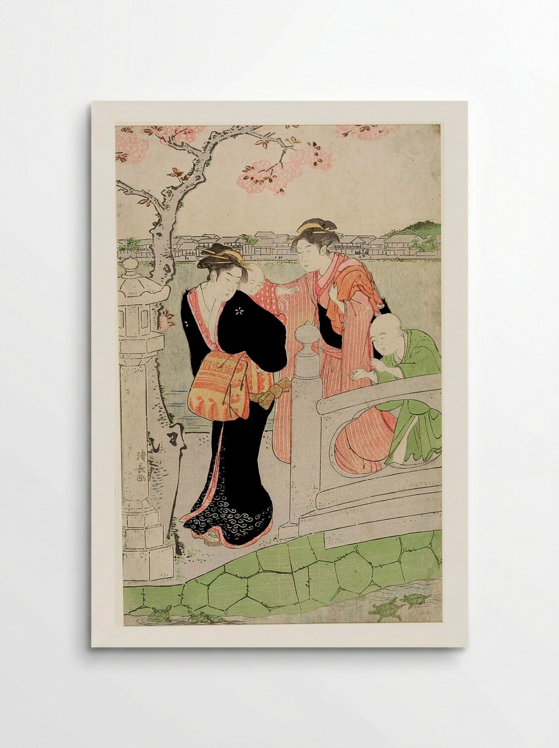 Two Women with Children on a Bridge - Torii Kiyonaga - Poster