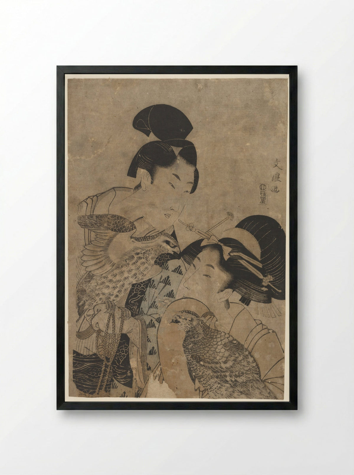 Two Women with Falcons - Bunryō - Framed Print Black