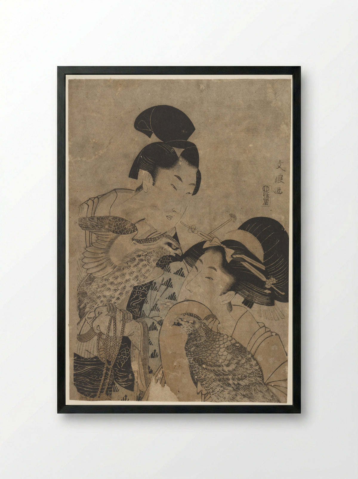 Two Women with Falcons - Bunryō - Framed Print Black