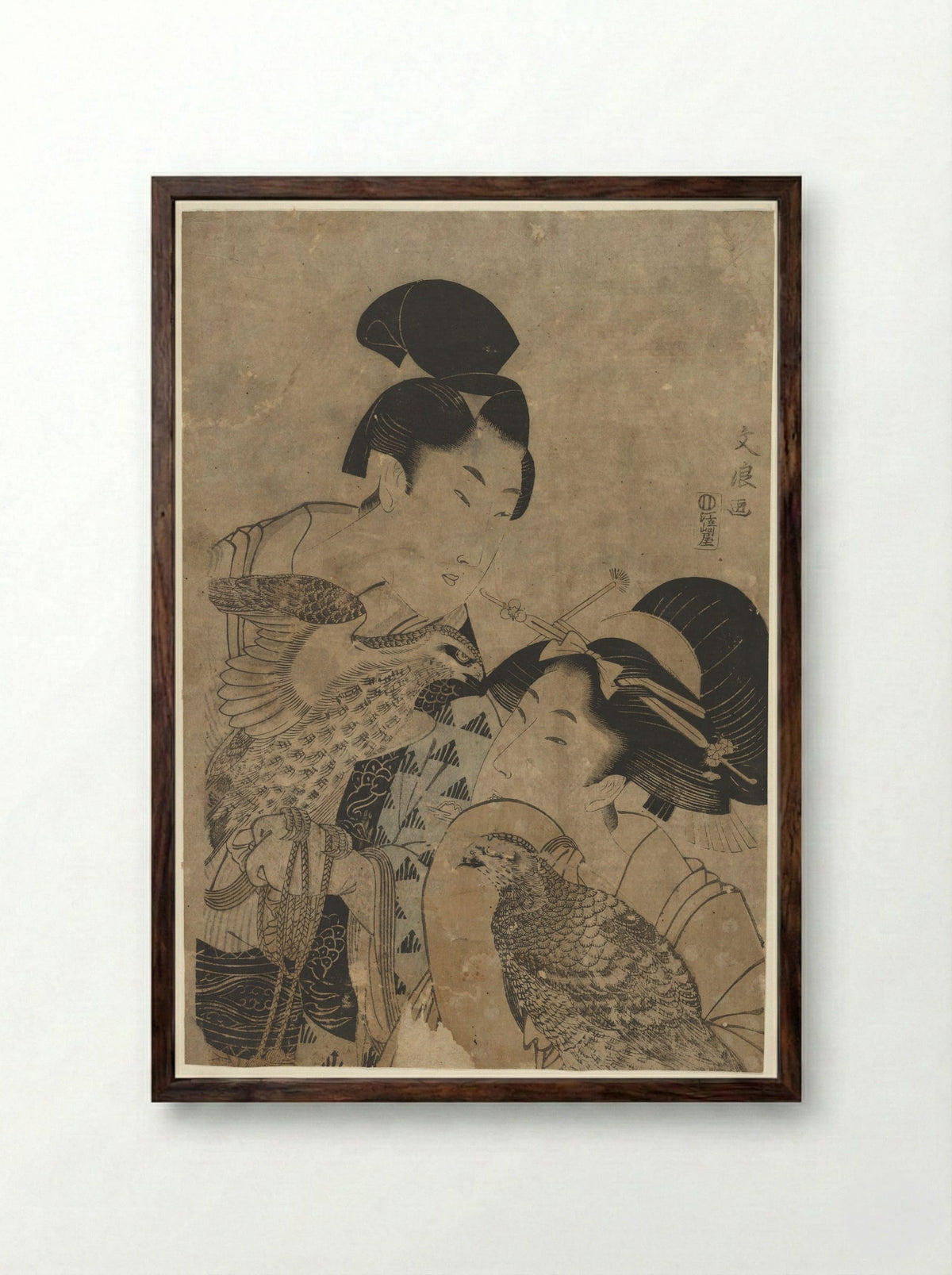 Two Women with Falcons - Bunryō - Framed Print Dark Wood