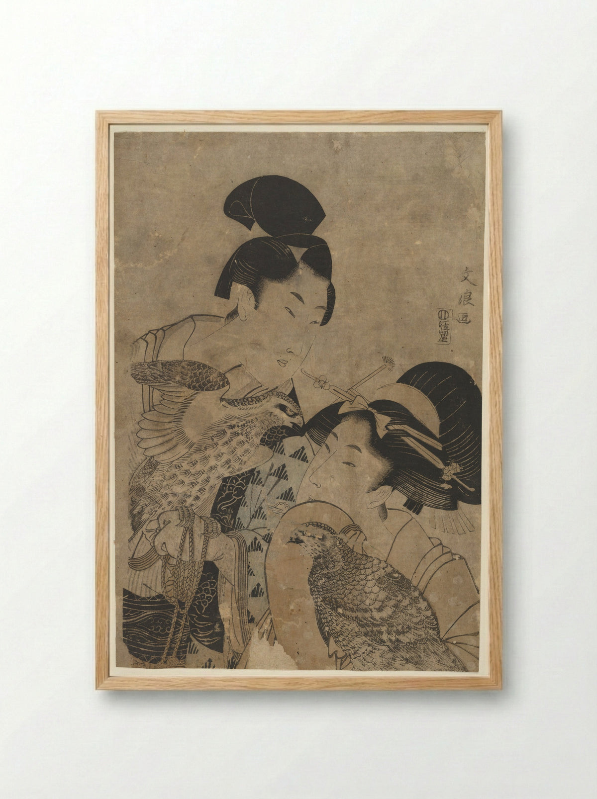 Two Women with Falcons - Bunryō - Framed Print Wood