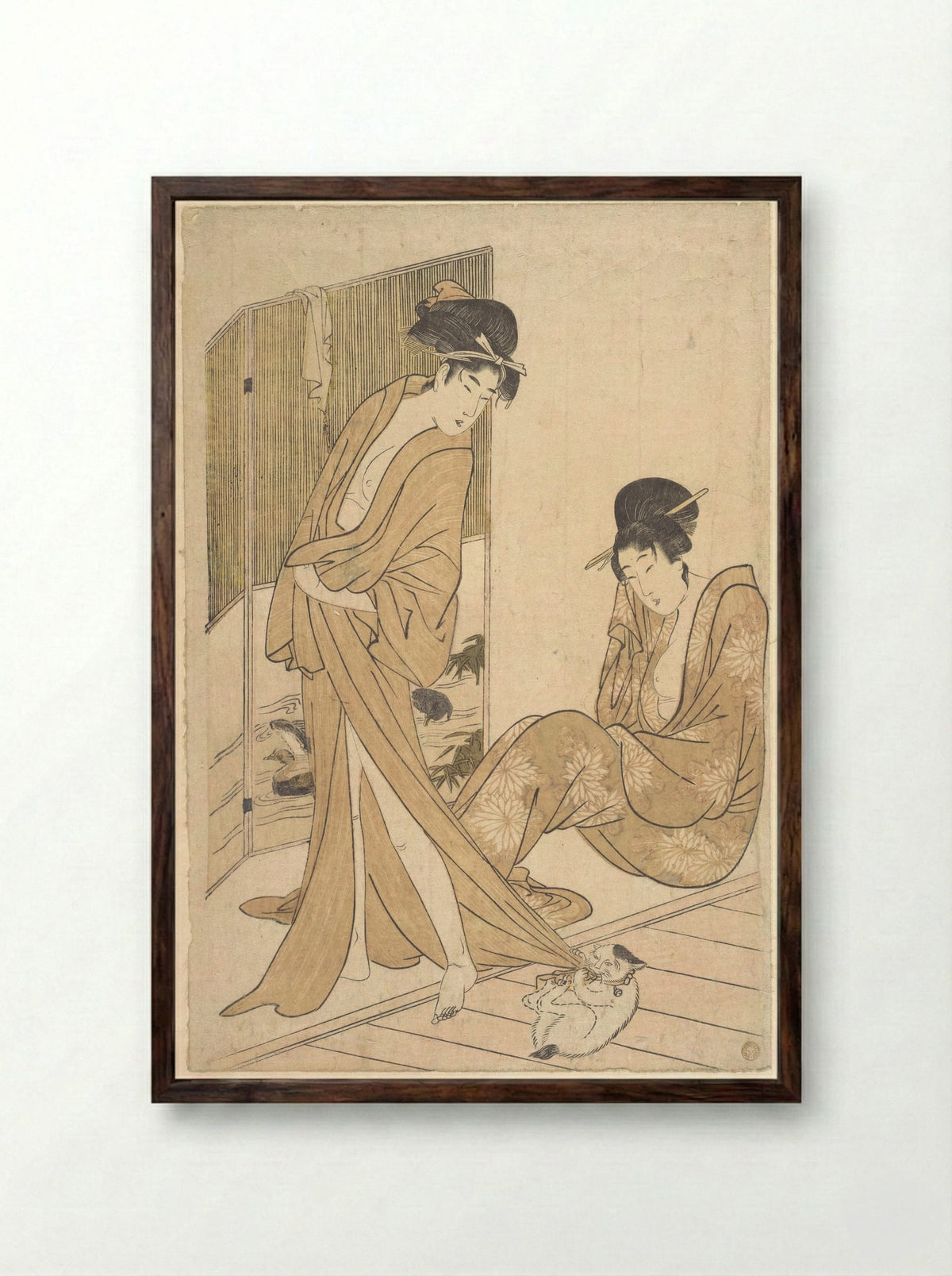 Two Young Women Wrapped in Yukata After a Bath - Kitagawa Utamaro - Framed Print Dark Wood
