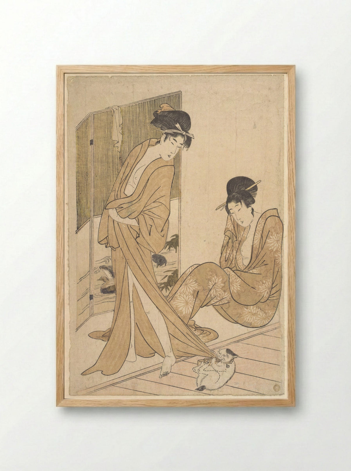 Two Young Women Wrapped in Yukata After a Bath - Kitagawa Utamaro - Framed Print Wood