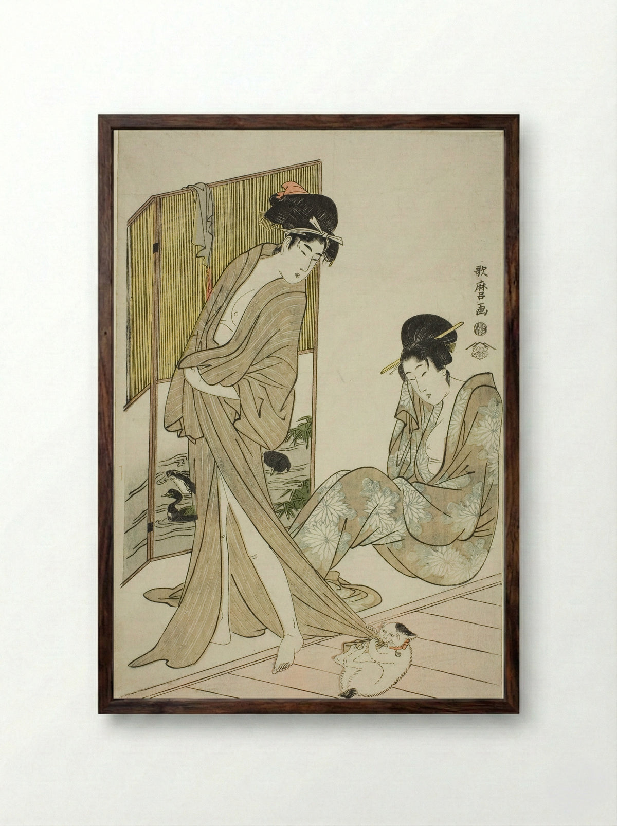 Two Young Women after a Bath - Kitagawa Utamaro - Framed Print Dark Wood