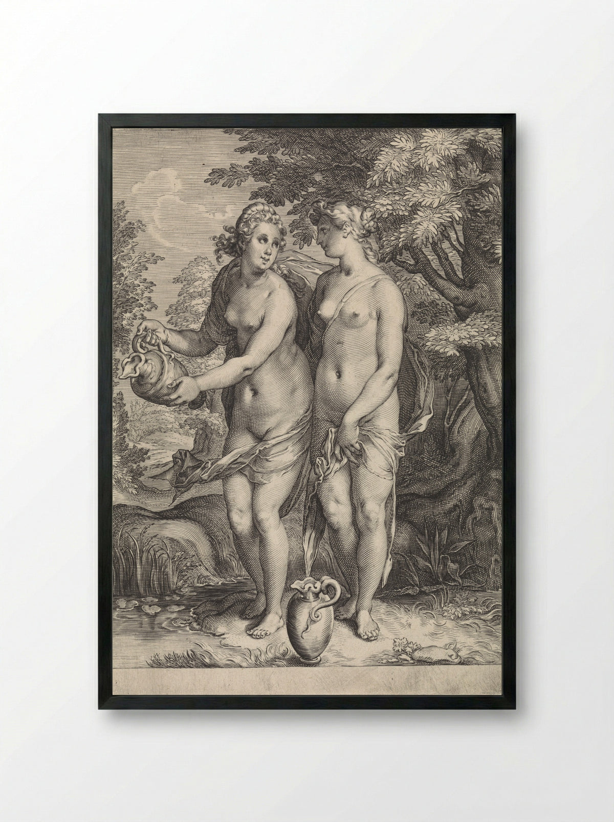 Two of Diana's Nymphs at a Stream - Jan Saenredam - Framed Print Black
