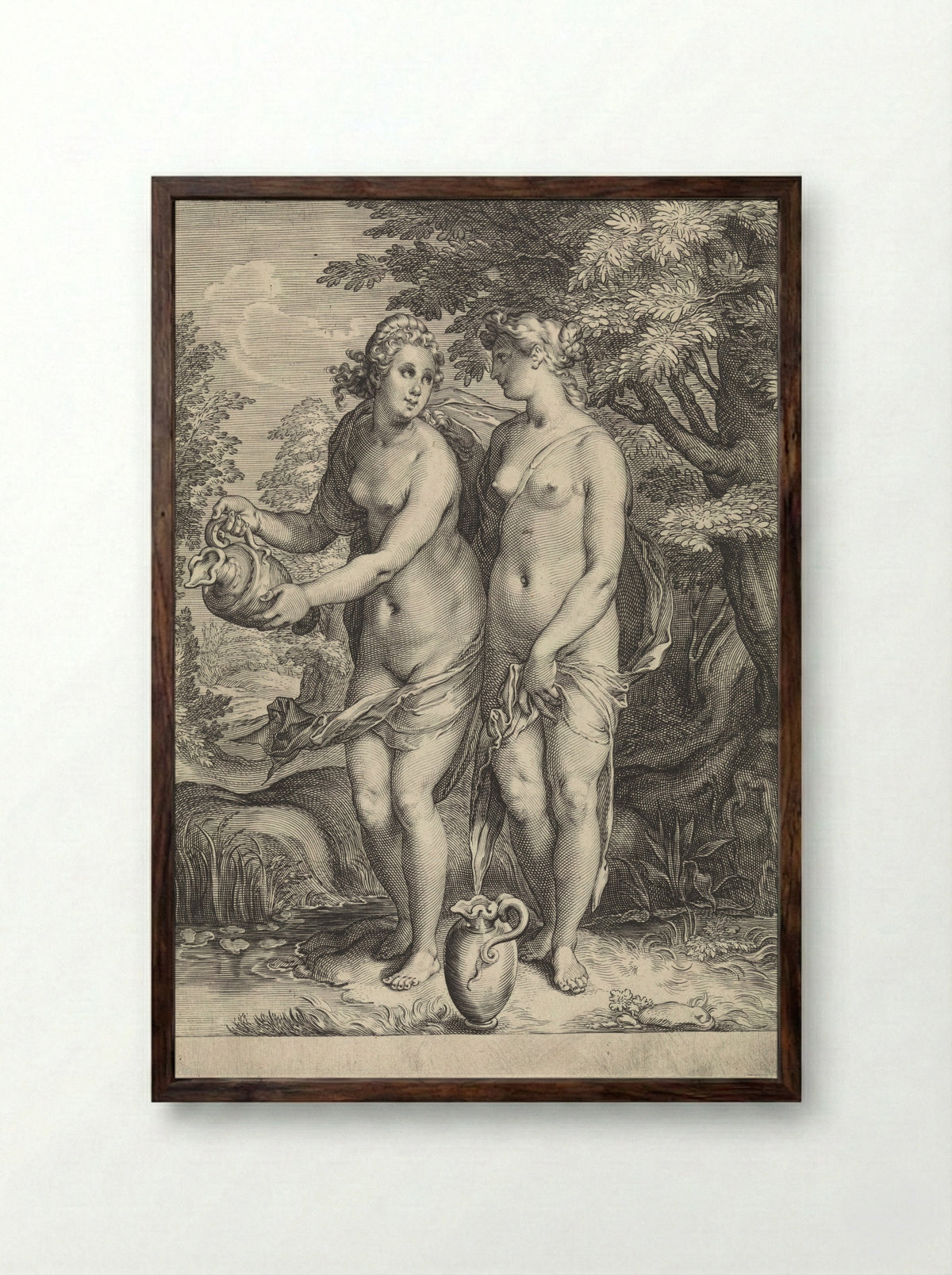 Two of Diana's Nymphs at a Stream - Jan Saenredam - Framed Print Dark Wood