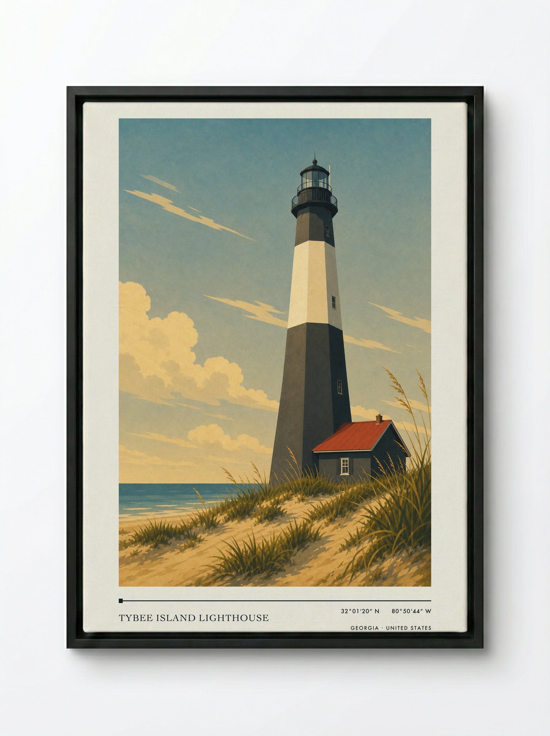 Tybee Island Lighthouse Georgia United States Travel Poster - Framed Canvas Black