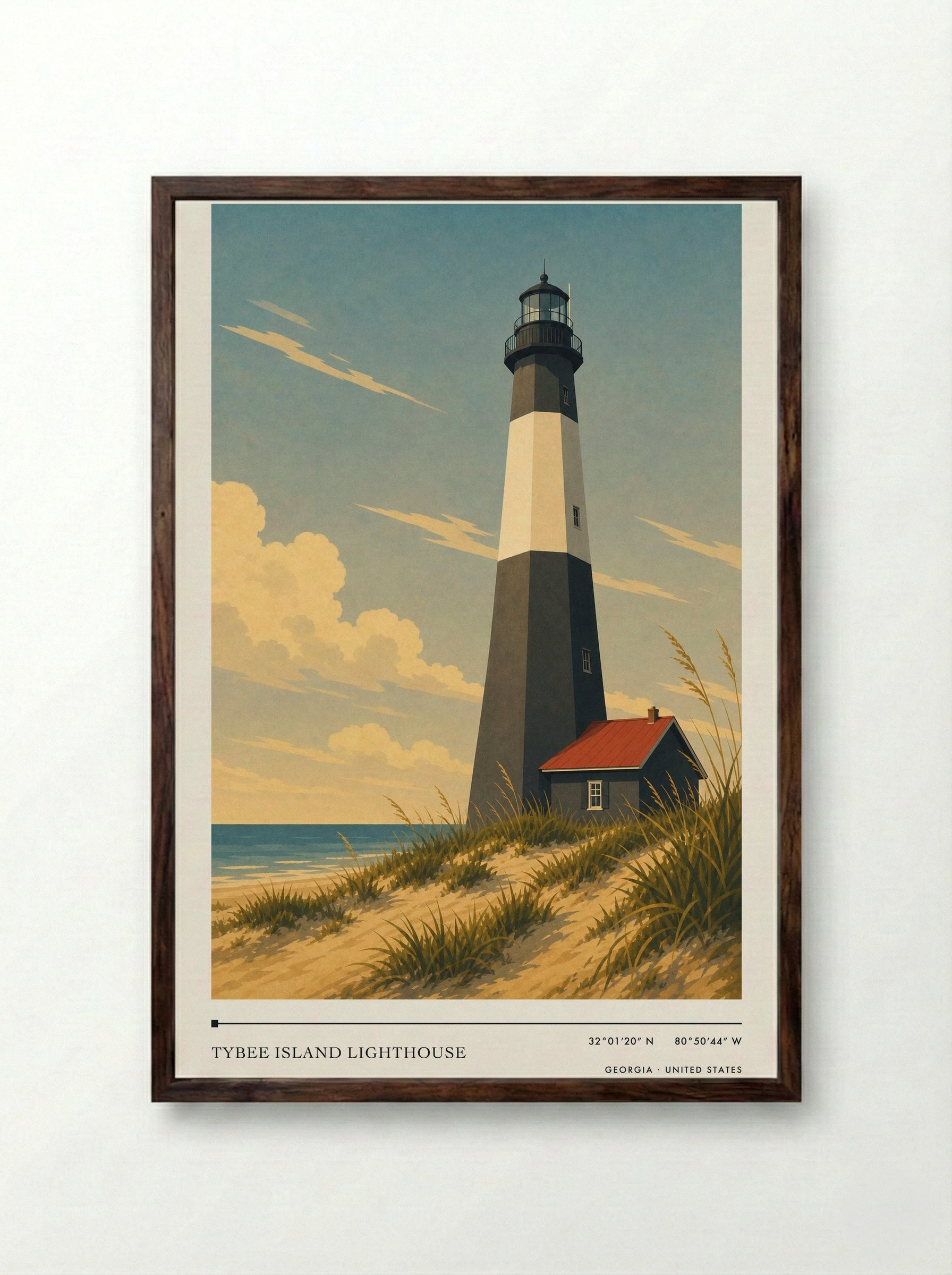 Tybee Island Lighthouse Georgia United States Travel Poster - Framed Print Dark Wood