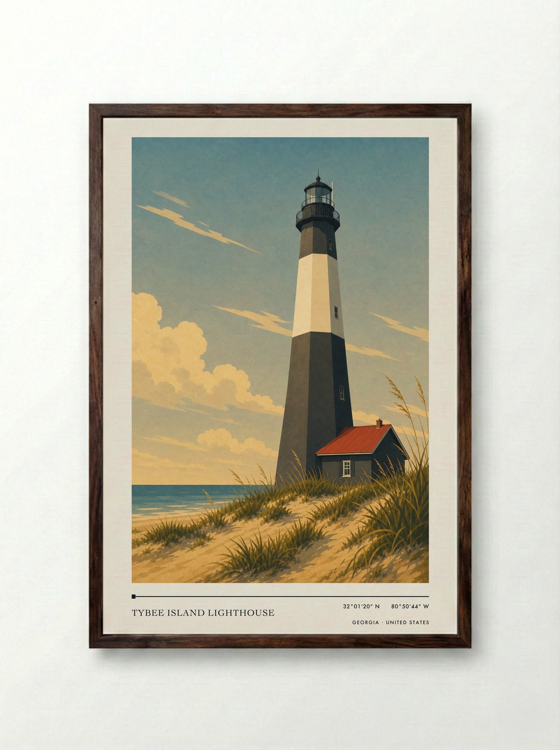 Tybee Island Lighthouse Georgia United States Travel Poster - Framed Print Dark Wood