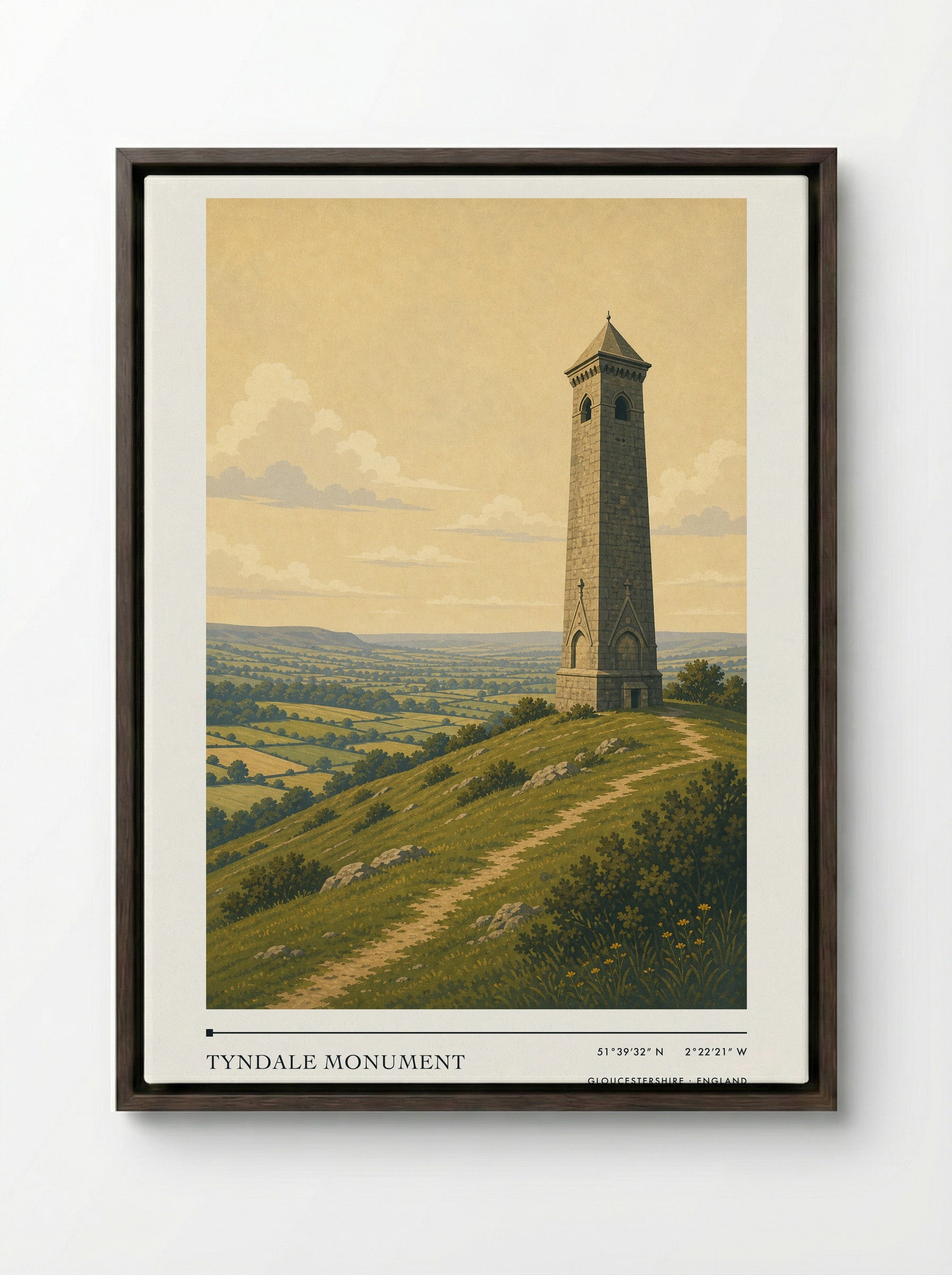 Tyndale Monument Gloucestershire England Travel Poster - Framed Canvas Dark Wood