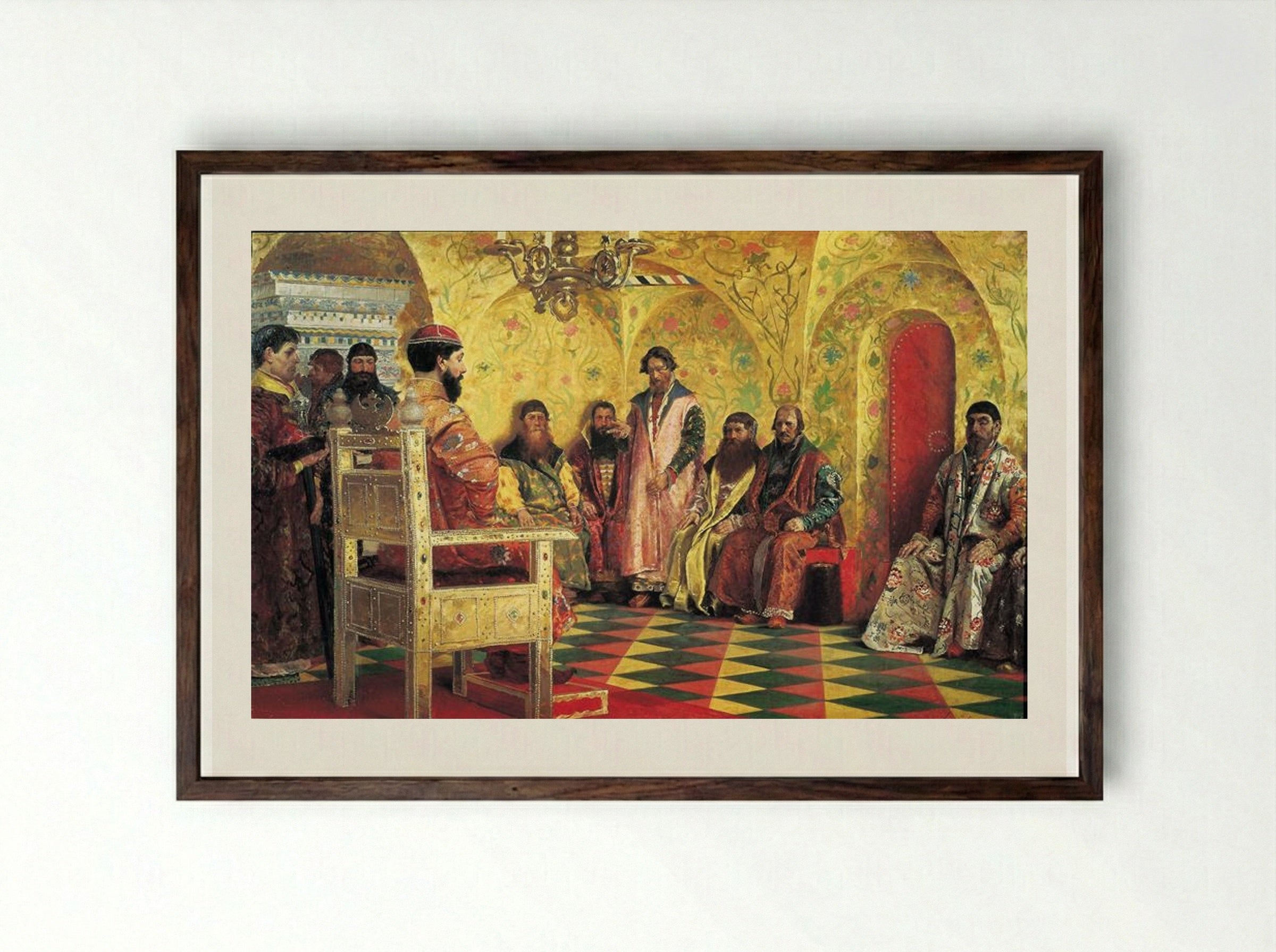 Tzar Mikhail Fedorovich Holding Council with the Boyars in His Royal Chamber - Andrei Ryabushkin - Framed Print Dark Wood
