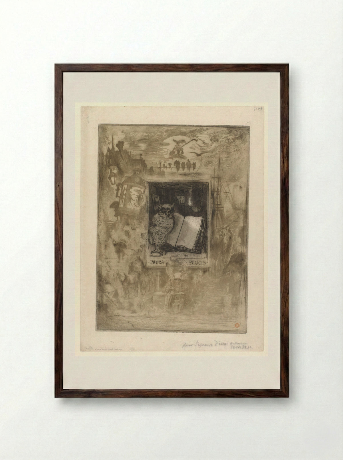 Uil bij een opengeslagen boek, omringd door illustraties in de marge - Félix Hilaire Buhot - Framed Print Dark Wood