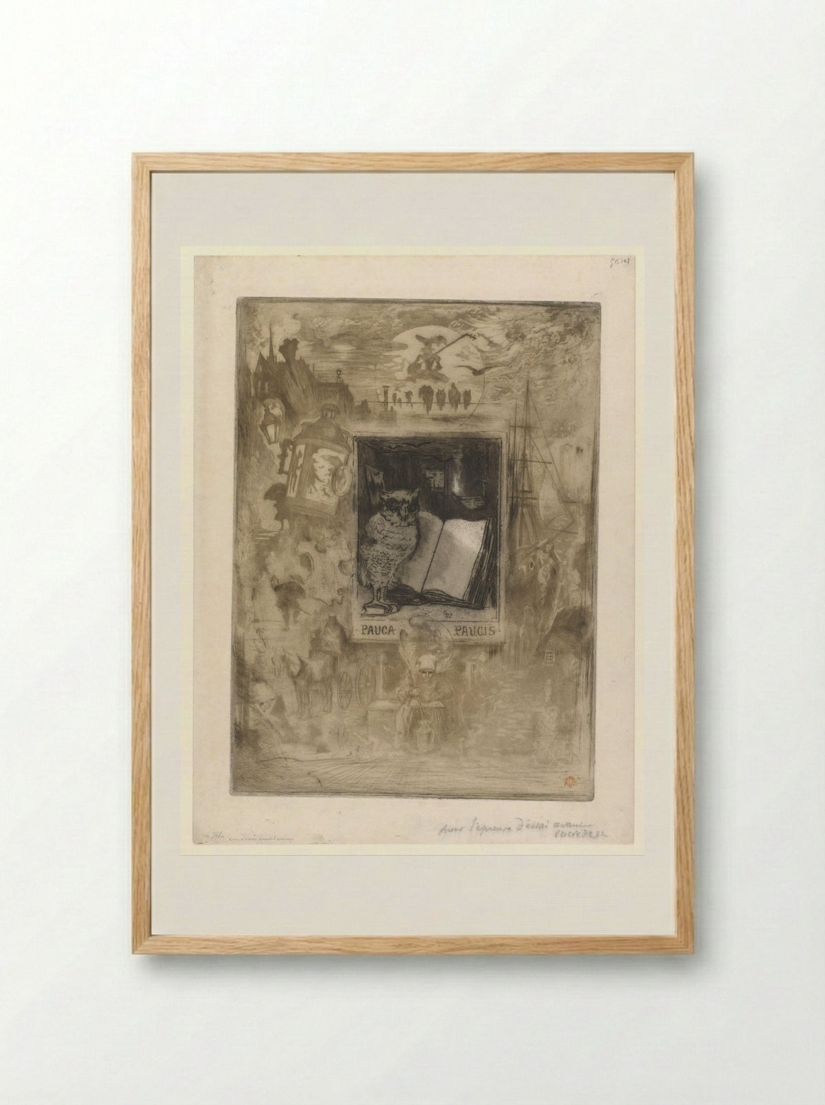 Uil bij een opengeslagen boek, omringd door illustraties in de marge - Félix Hilaire Buhot - Framed Print Wood