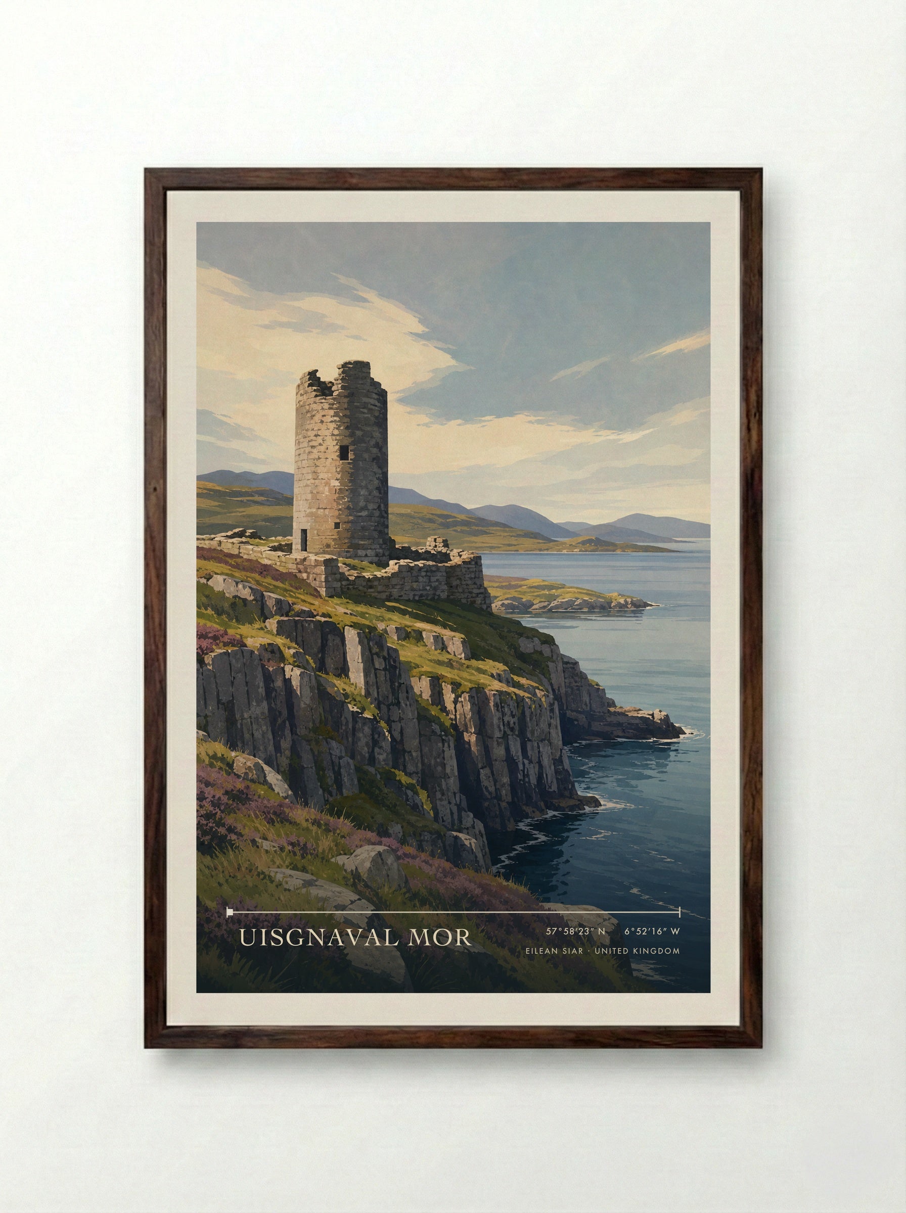 Uisgnaval Mor Eilean Siar United Kingdom Travel Poster - Framed Print Dark Wood