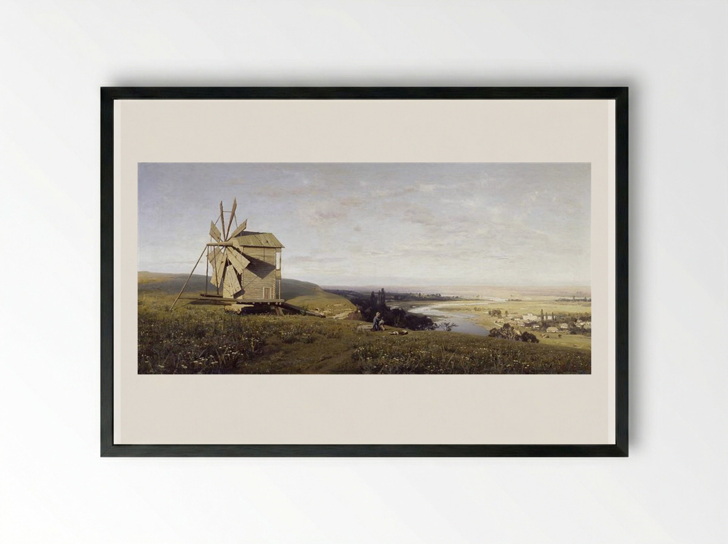 Ukrainian Steppe with Windmill - Volodymyr Orlovsky - Framed Print Black