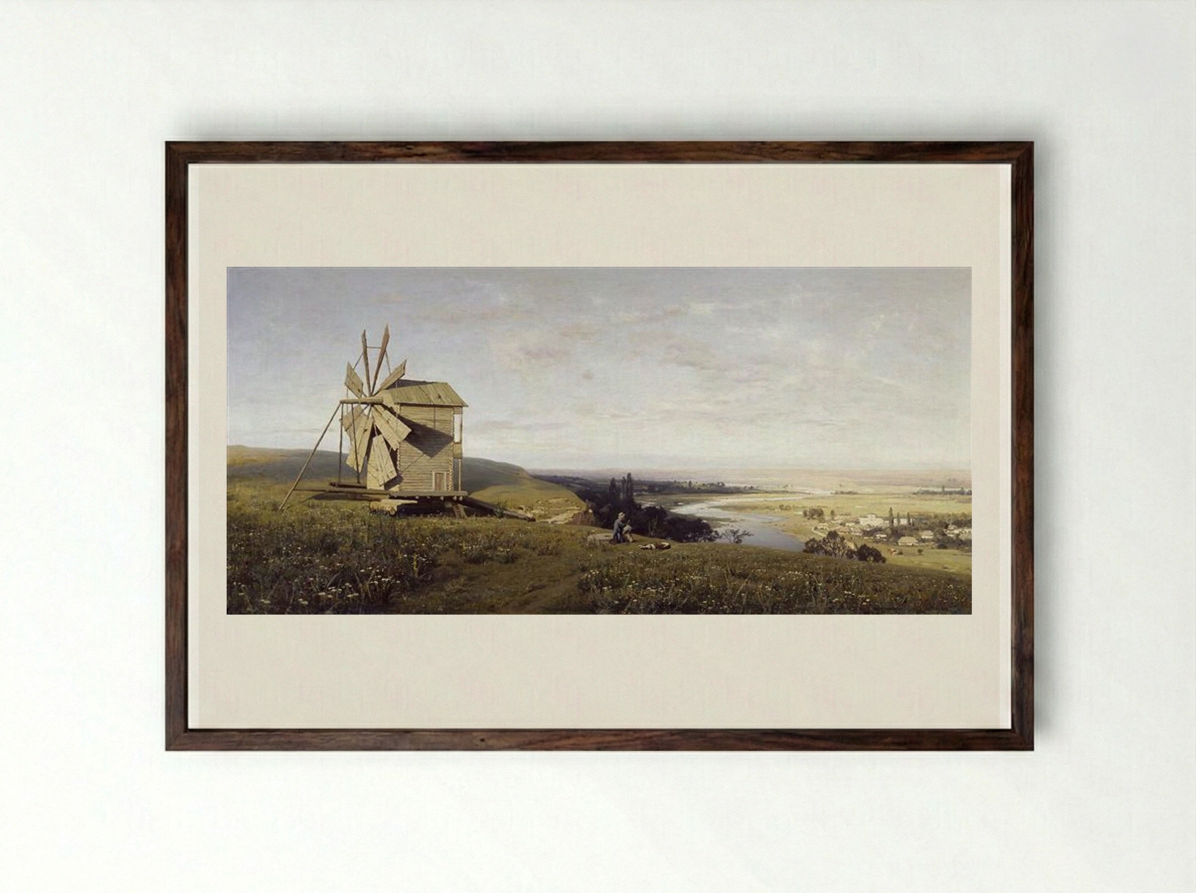 Ukrainian Steppe with Windmill - Volodymyr Orlovsky - Framed Print Dark Wood