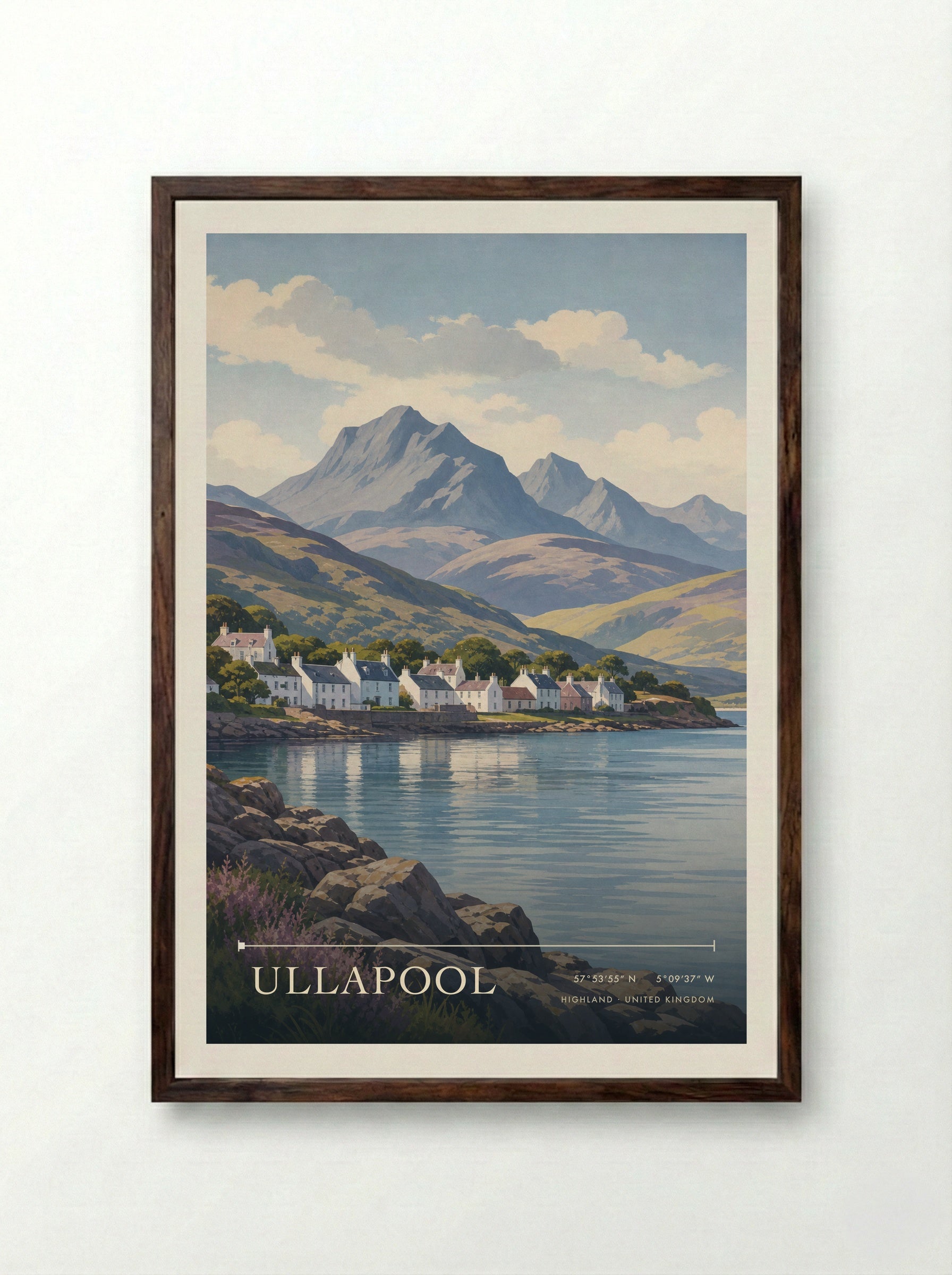 Ullapool Highland United Kingdom Travel Poster - Framed Print Dark Wood
