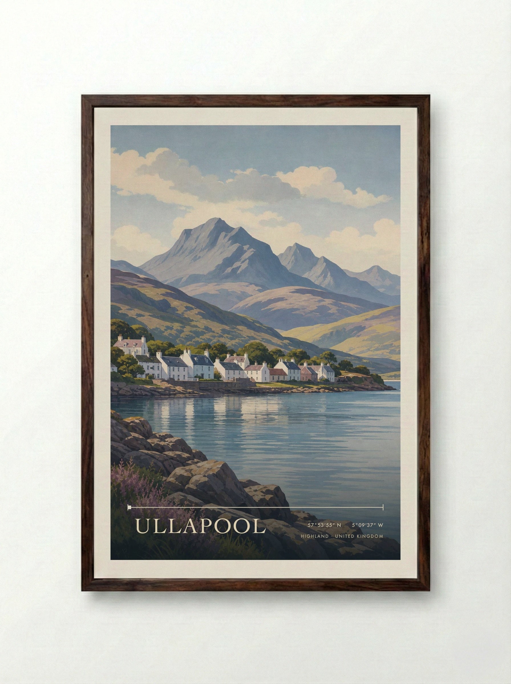 Ullapool Highland United Kingdom Travel Poster - Framed Print Dark Wood