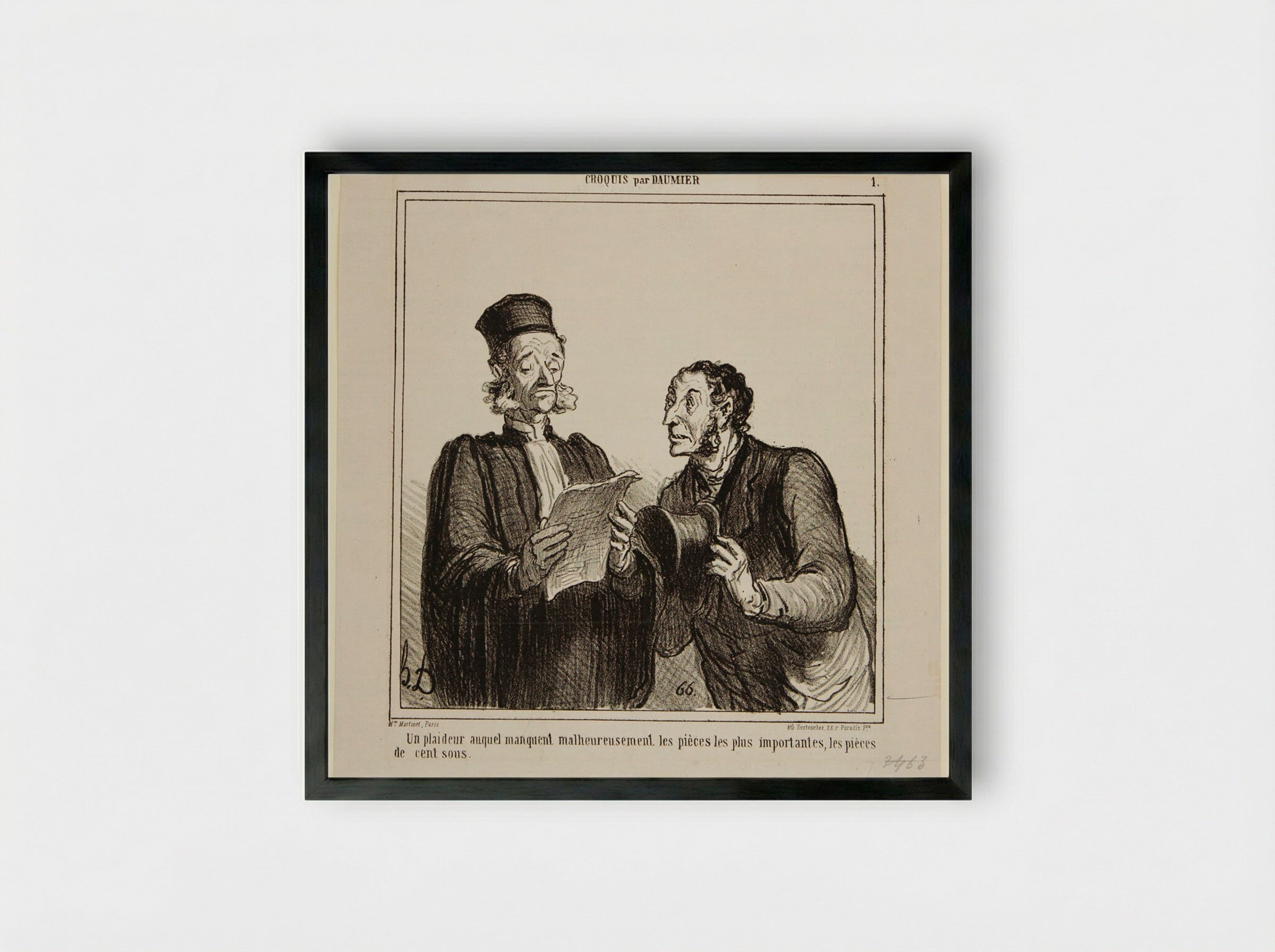 Un plaideur auquel manquent malheureusement les pièces les plus importantes, les pièces de cent sous - Honoré-Victorin Daumier - Framed Print Black