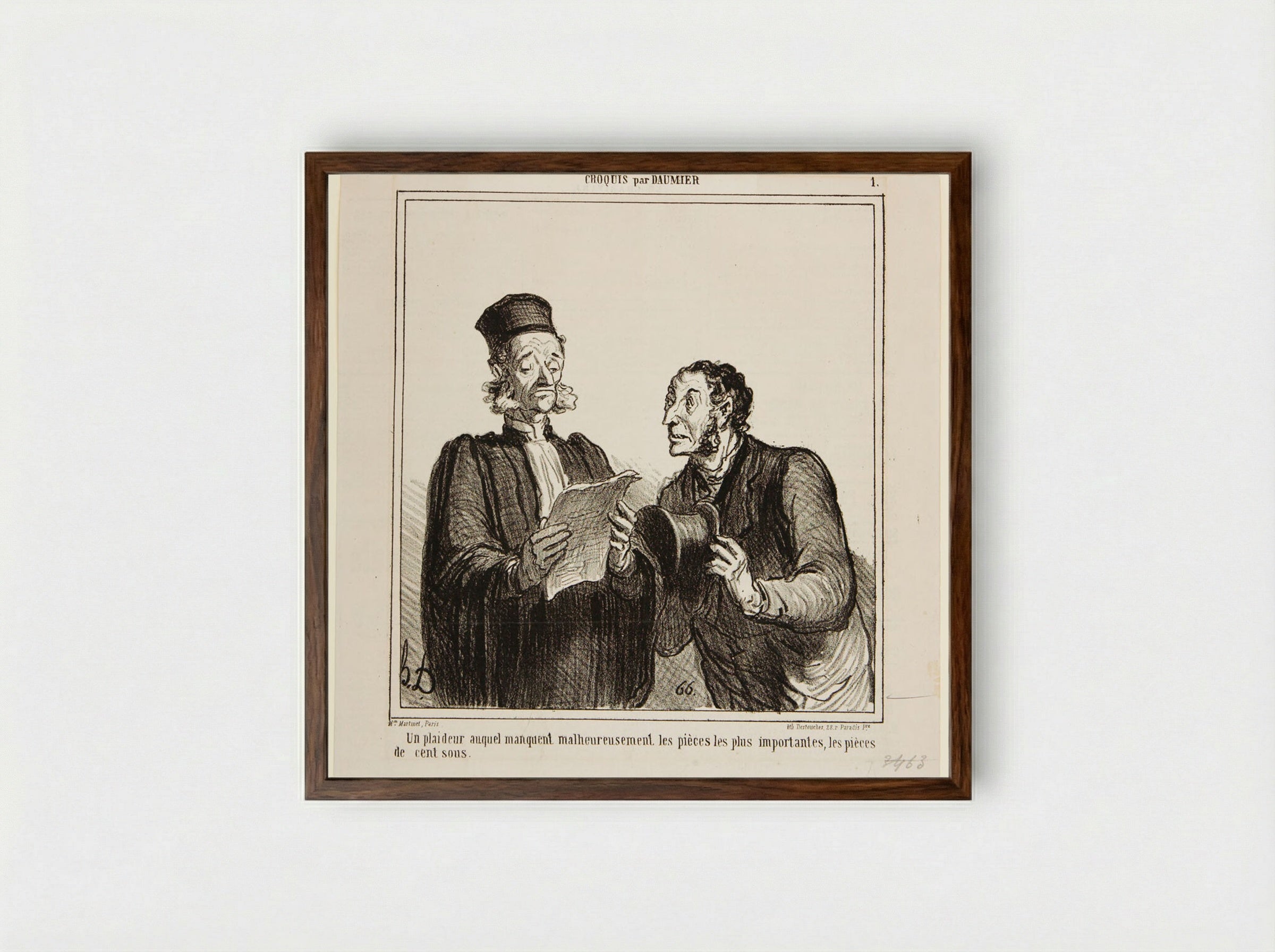 Un plaideur auquel manquent malheureusement les pièces les plus importantes, les pièces de cent sous - Honoré-Victorin Daumier - Framed Print Dark Wood
