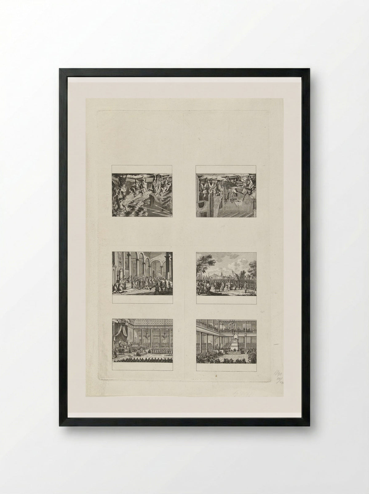 Uncut Sheet of Six Historical Scenes (1790) - Cornelis Brouwer - Framed Print Black