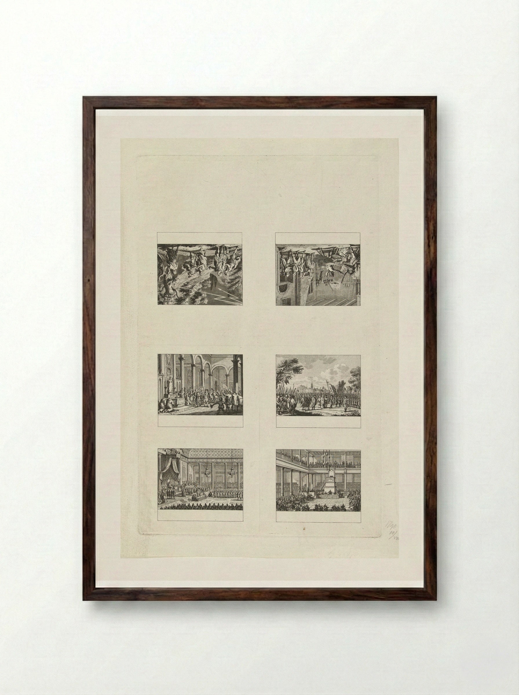 Uncut Sheet of Six Historical Scenes (1790) - Cornelis Brouwer - Framed Print Dark Wood