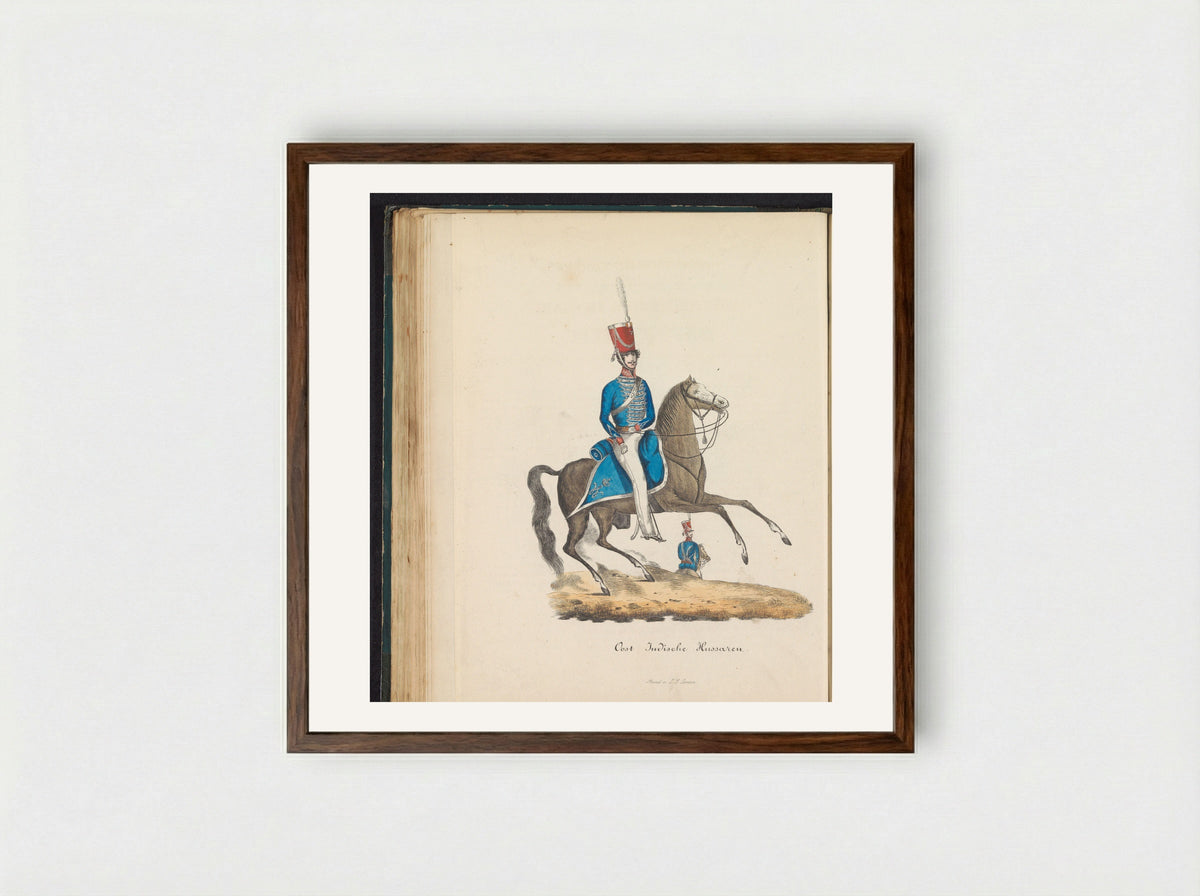Uniform van de officieren van de huzaren van de Oost-Indische troepen - Louis Salomon Leman - Framed Print Dark Wood