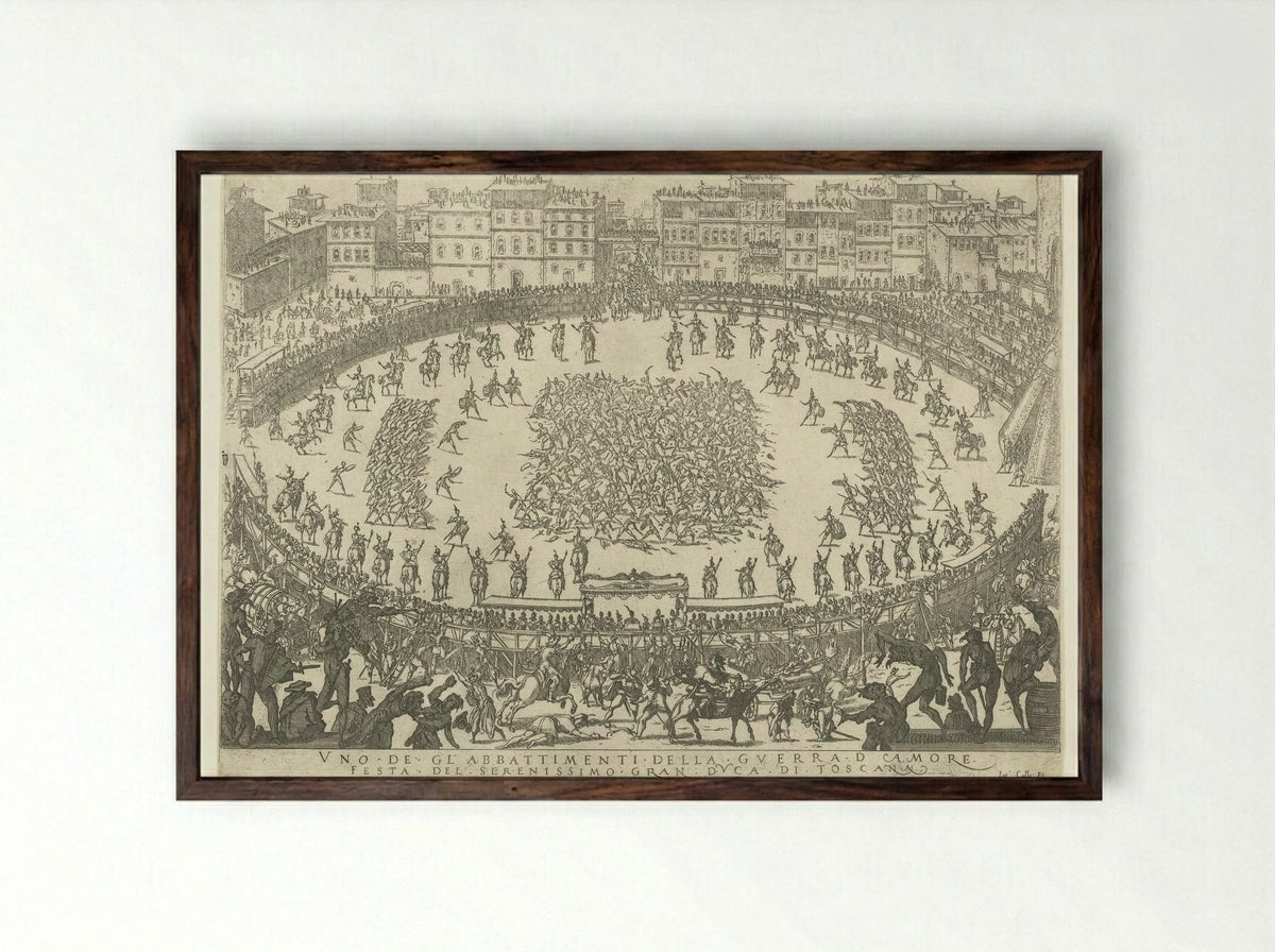 Uno de gli abbattimenti della guerra d'amore - Jacques Callot - Framed Print Dark Wood