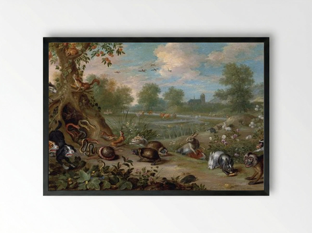Untitled (Animals in a Wooded Clearing) - Jan van Kessel the Elder - Framed Print Black
