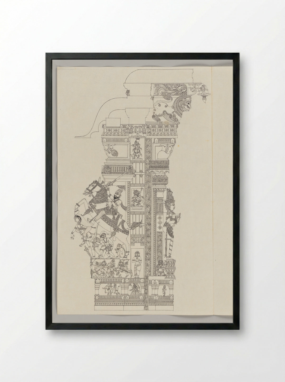 Untitled (Architectural Study of Temple Pillar, Ink on Paper) - Fine Art Print - Framed Print Black