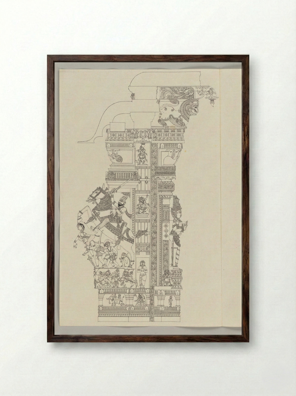 Untitled (Architectural Study of Temple Pillar, Ink on Paper) - Fine Art Print - Framed Print Dark Wood