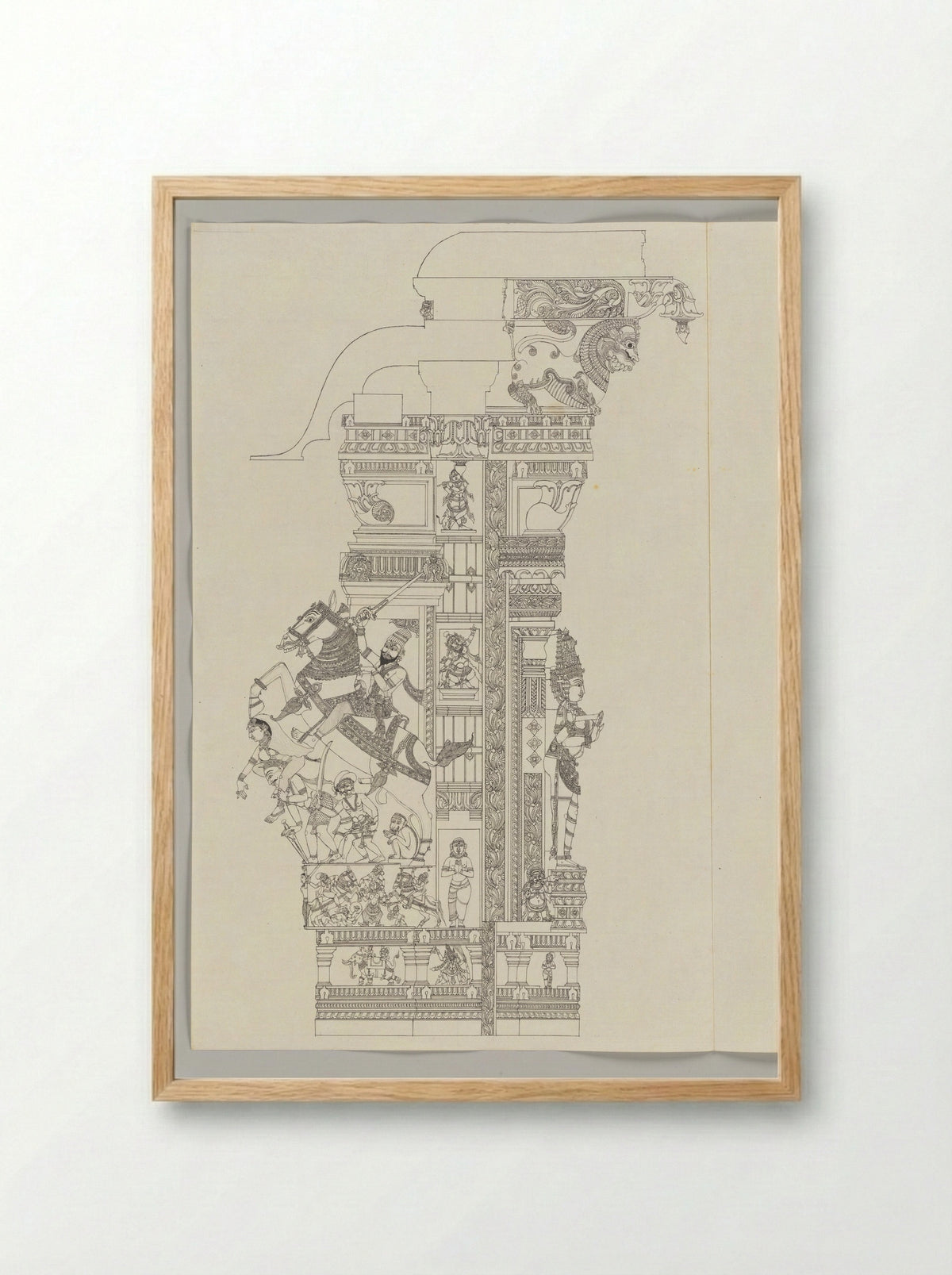 Untitled (Architectural Study of Temple Pillar, Ink on Paper) - Fine Art Print - Framed Print Wood