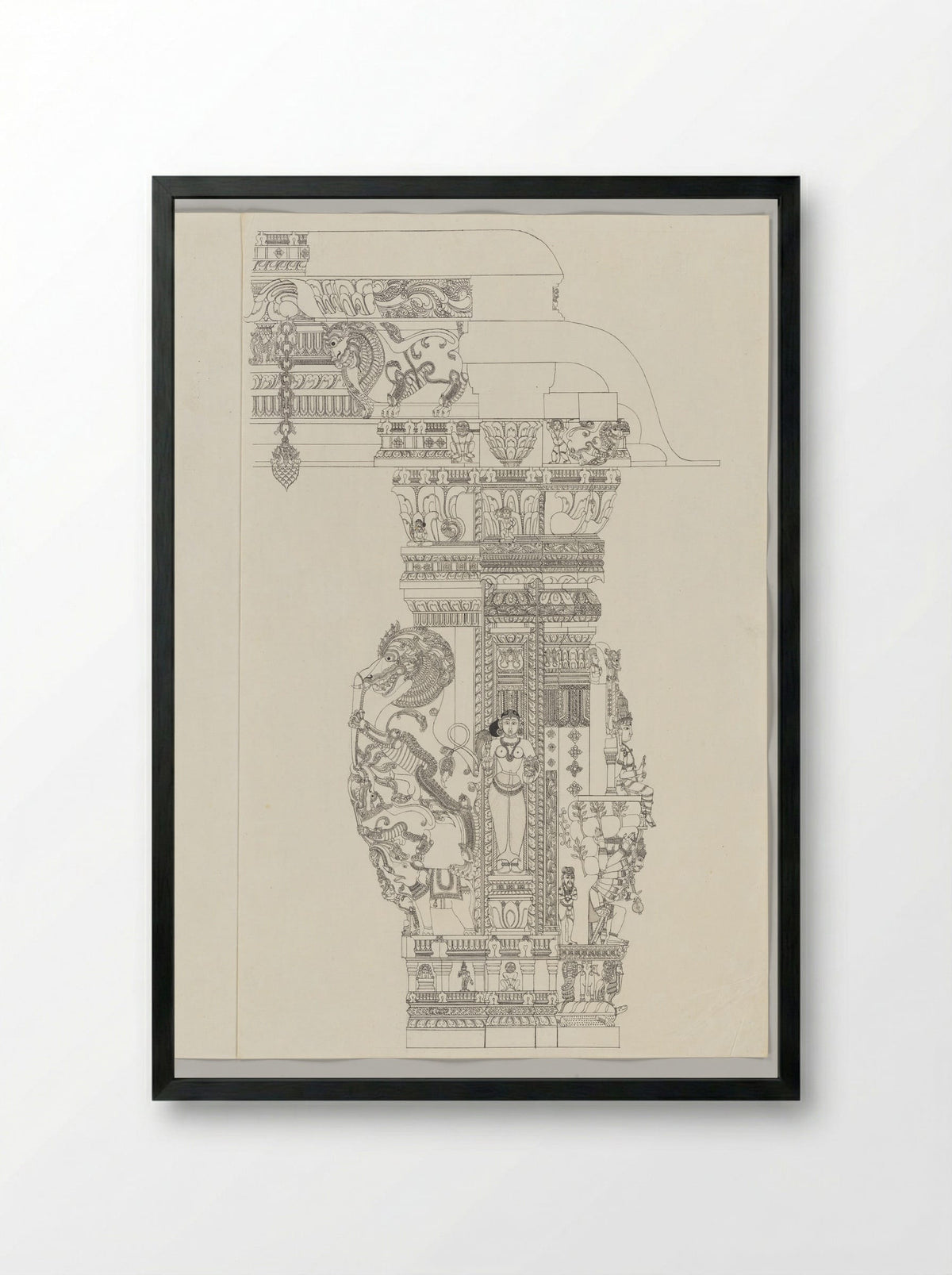 Untitled (Architectural Study of Temple Pillar with Shiva Ravananugrahamurti) - Fine Art Print - Framed Print Black