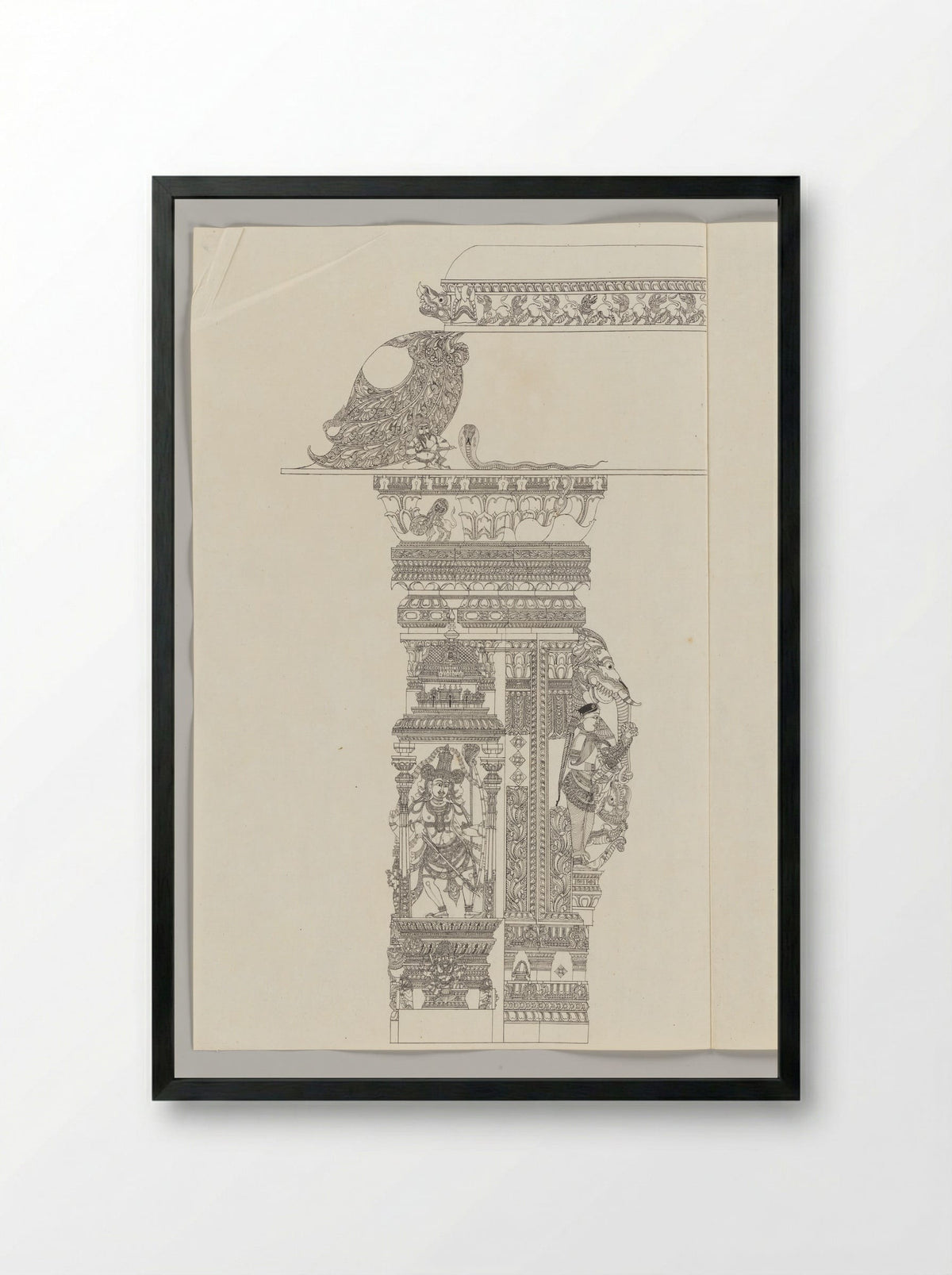 Untitled (Architectural Study of Temple Pillar with Shiva as Tripsurasamhara) - Fine Art Print - Framed Print Black