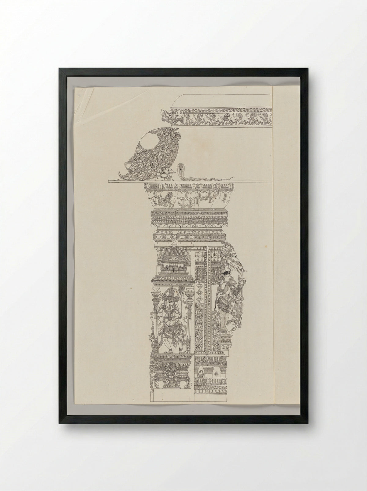 Untitled (Architectural Study of Temple Pillar with Shiva as Tripsurasamhara) - Fine Art Print - Framed Print Black