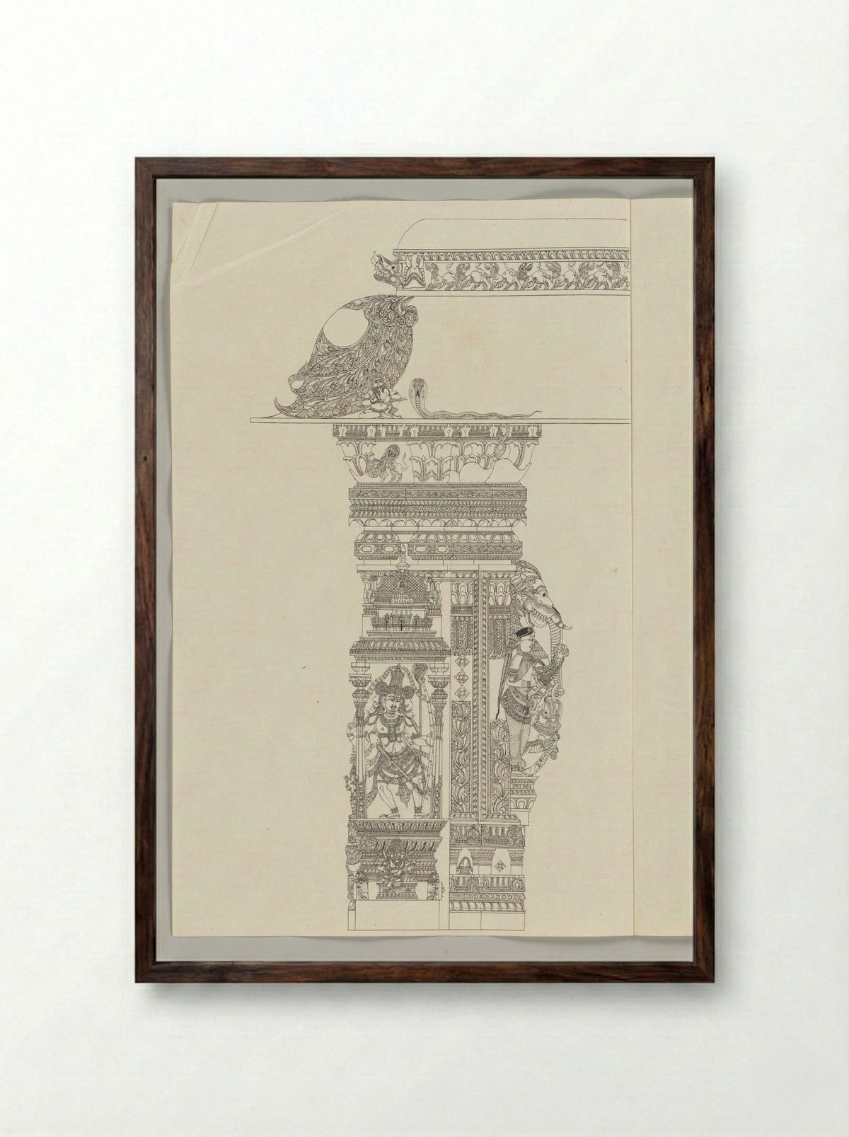 Untitled (Architectural Study of Temple Pillar with Shiva as Tripsurasamhara) - Fine Art Print - Framed Print Dark Wood