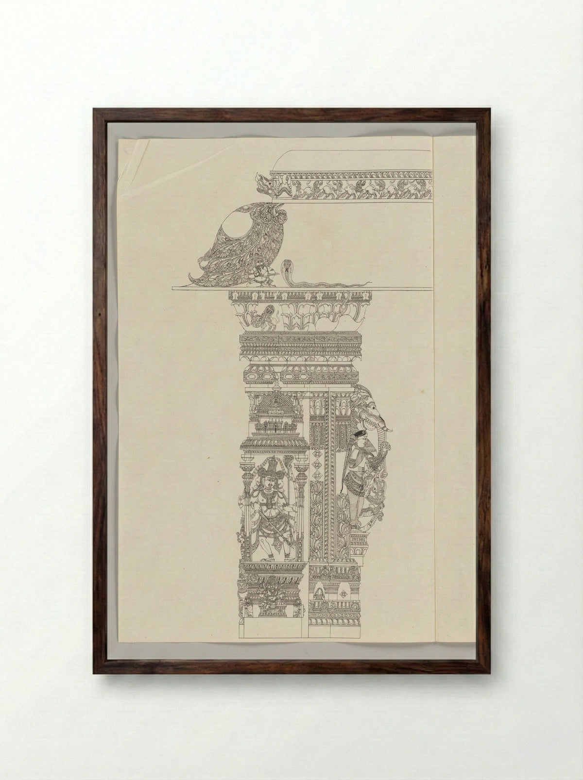 Untitled (Architectural Study of Temple Pillar with Shiva as Tripsurasamhara) - Fine Art Print - Framed Print Dark Wood